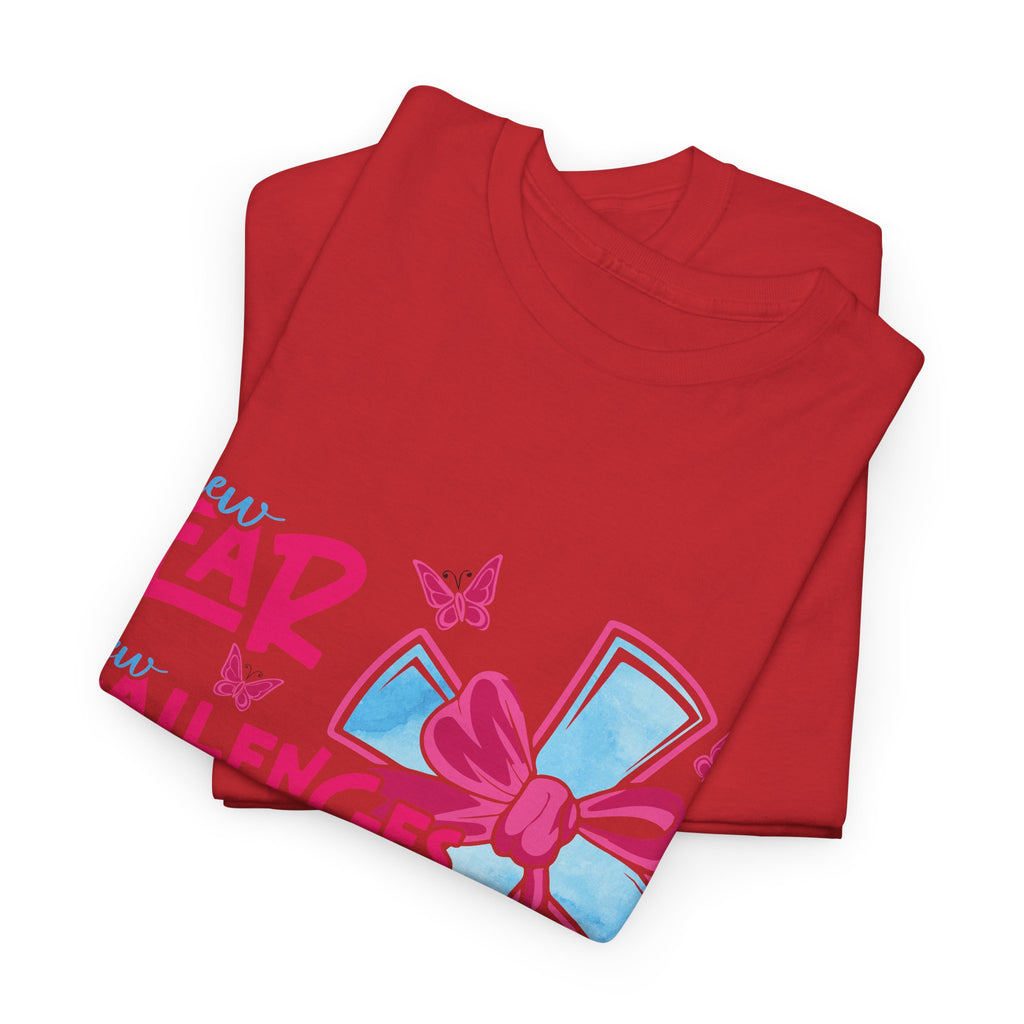 Christian T-Shirt — “New Year, New Challenges, Same Great God” with Pink Bow Cross & Butterflies. Unisex Cotton Tee