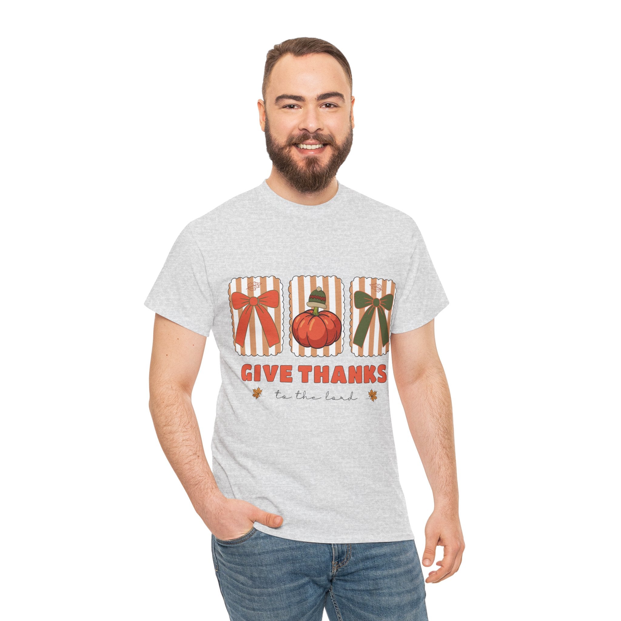 Give Thanks Thanksgiving T-Shirt — Pumpkin with Hat & Bows Unisex Cotton Tee