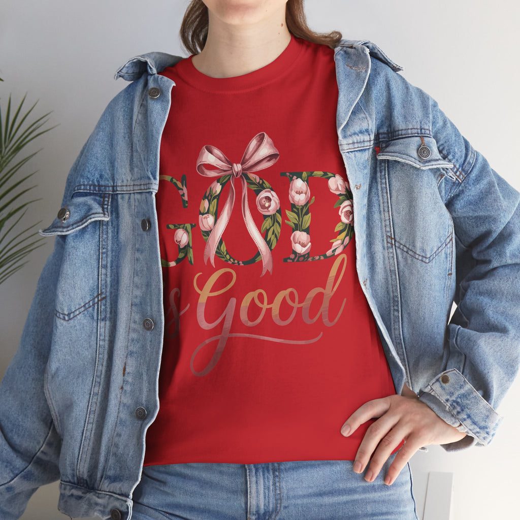 God Is Good Pink Rose Tee — Floral Ribbon Faith Unisex Cotton T-Shirt