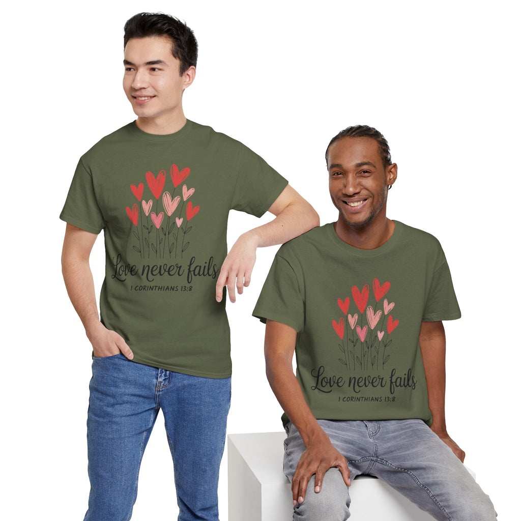 Christian Valentine T-Shirt — "Love Never Fails" (1 Corinthians 13:8) Unisex Cotton Tee