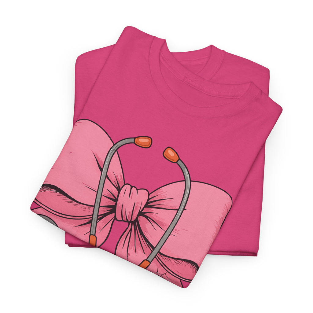 Halloween Nurse T‑Shirt — Pink Nurse Bow with Stethoscope, Syringes & Spider Webs..Unisex Cotton Tee