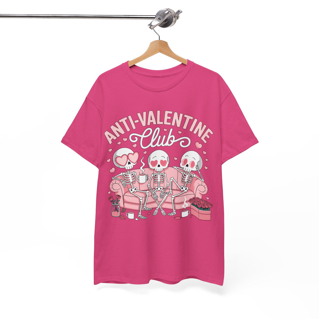 Anti-Valentine Club Skeleton Tee — Anti-Romance Pink Couch Graphic Unisex Cotton T-Shirt