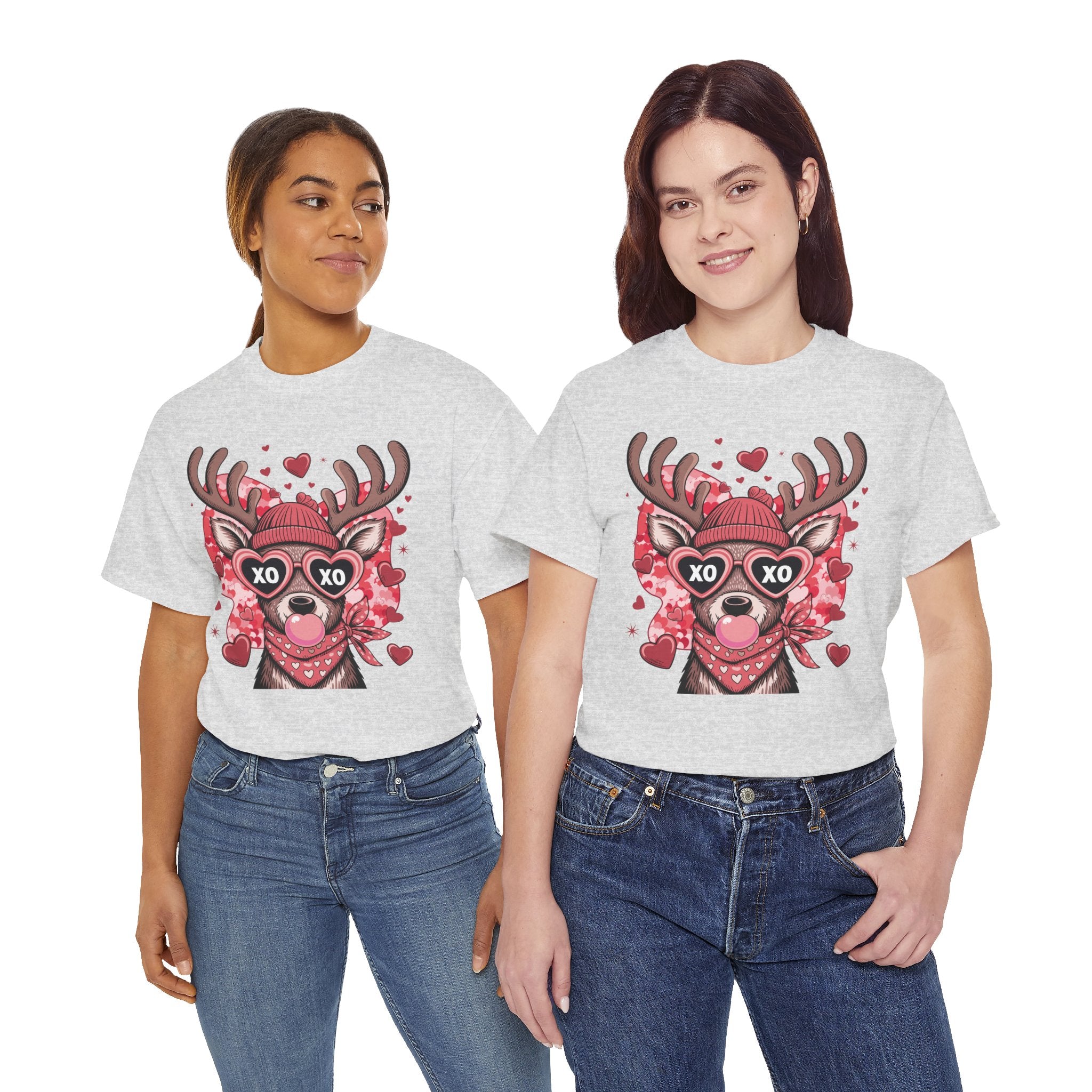 Valentine Deer Tee — Cute XO Heart Glasses, Beanie & Scarf Unisex Cotton Tshirt