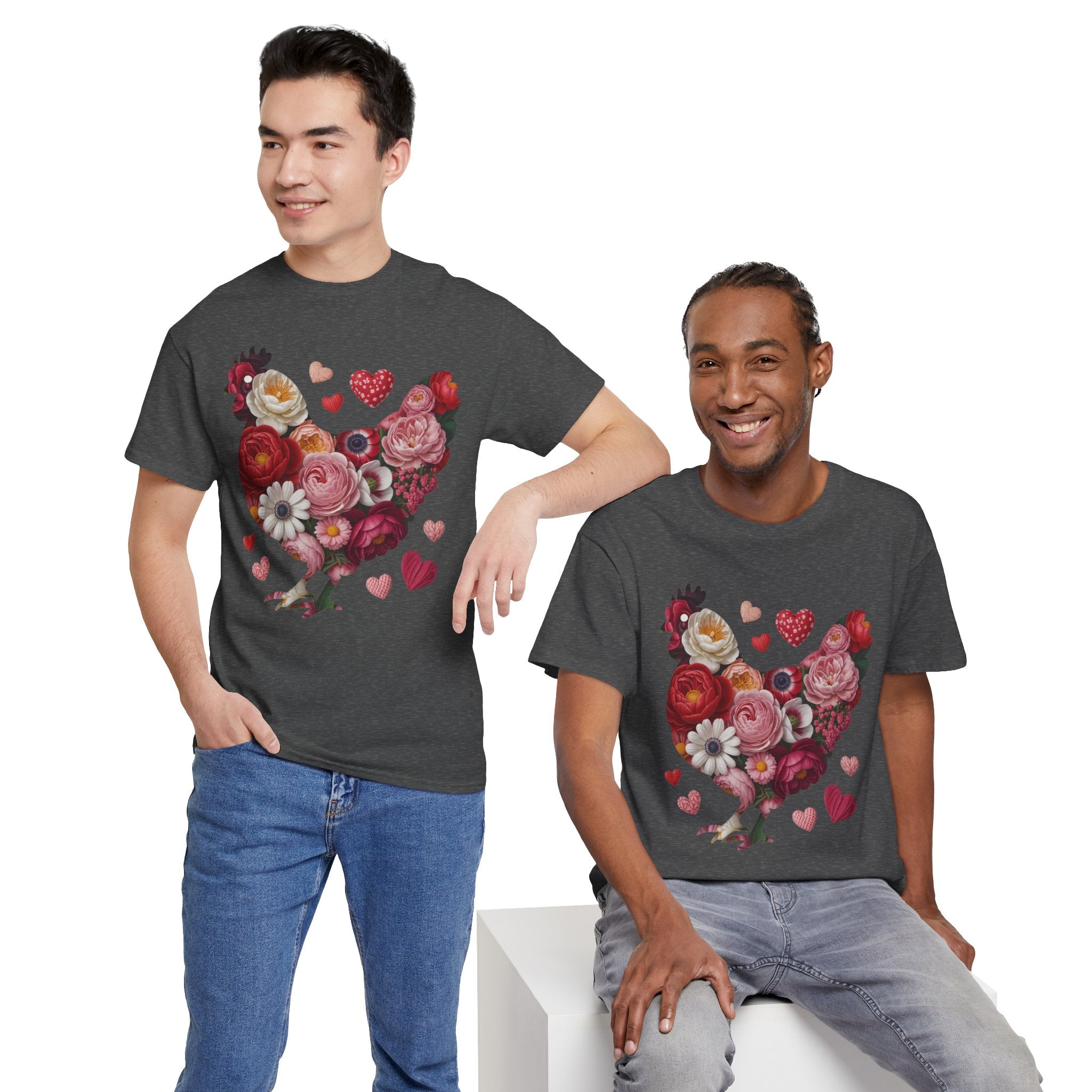 Floral Chicken Heart Tee — Red & Pink Flower Silhouette Unisex Cotton Tee