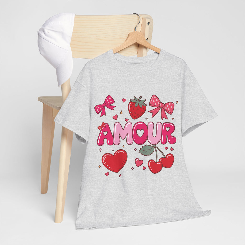 Amour Pink Hearts Tee — Shiny Lettering with Bows, Cherries & Strawberry Accent...Unisex Cotton Tee