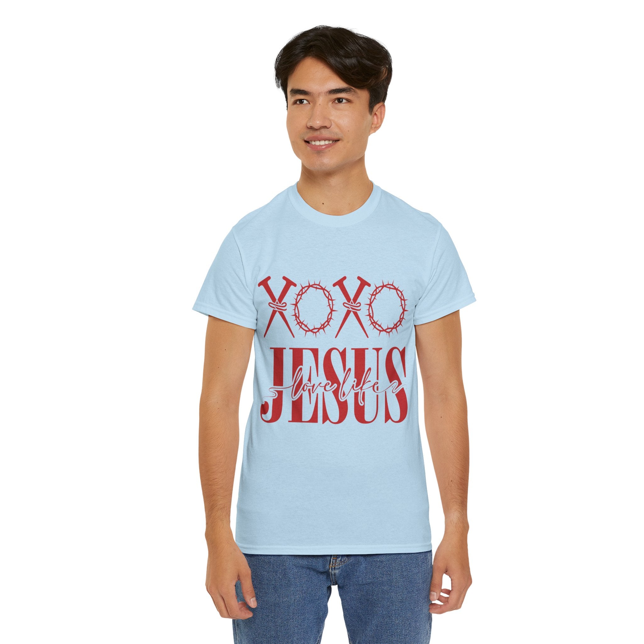 Christian Valentine T-Shirt — "XOXO Jesus Love Life" Nails & Thorn Crown Design Unisex Cotton Tee