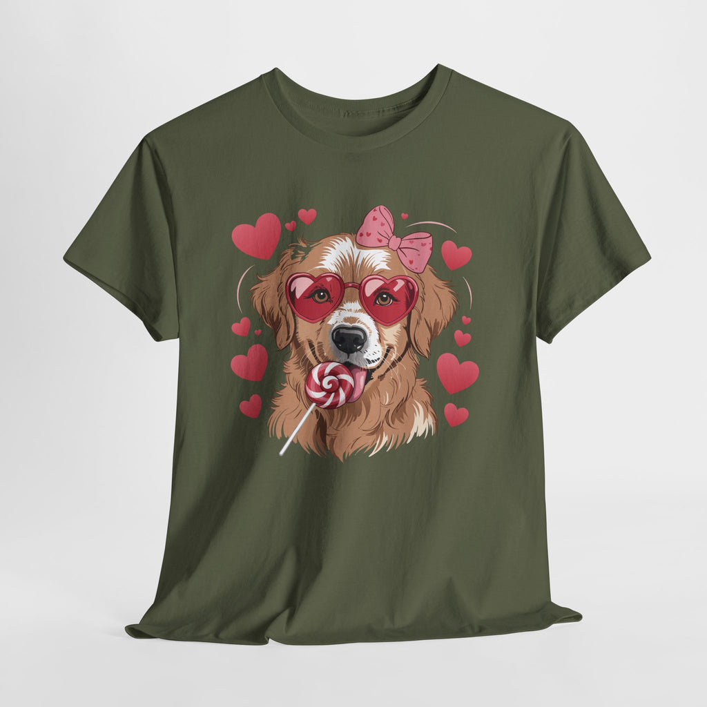 Valentine Dog T-Shirt — Cute Pup with Heart Glasses, Pink Bow & Lollipop..Unisex Cotton Tee