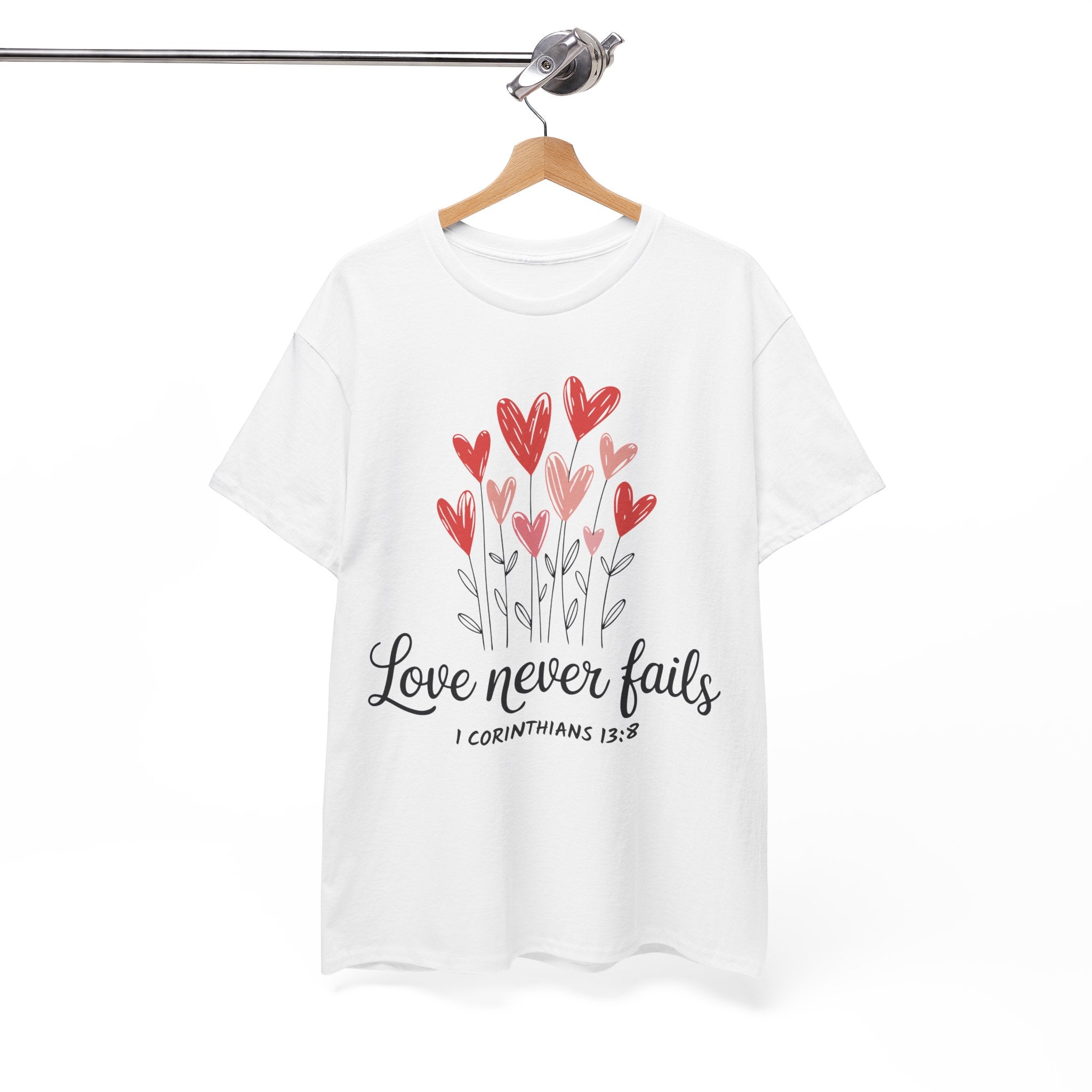 Christian Valentine T-Shirt — "Love Never Fails" (1 Corinthians 13:8) Unisex Cotton Tee