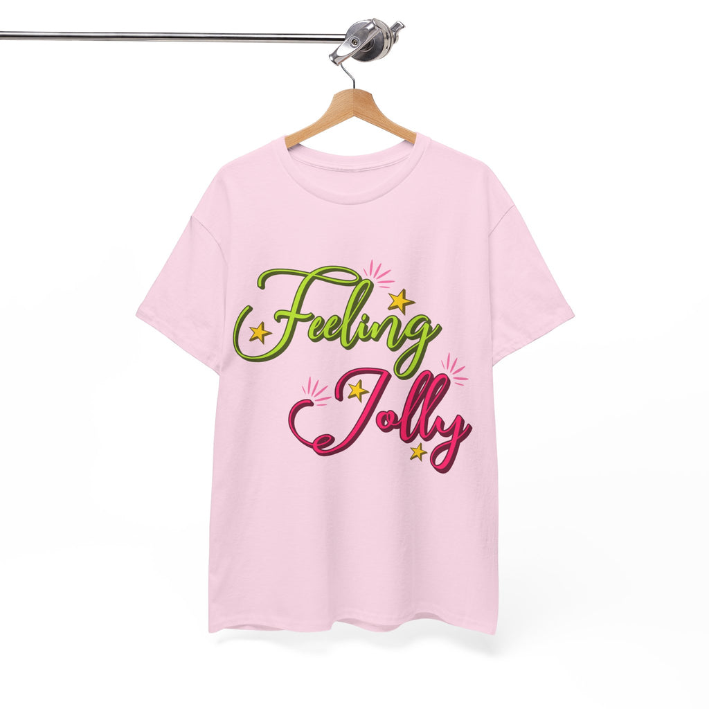Feeling Jolly Tee — Festive Green & Pink Script with Yellow Stars Unisex Cotton Tee