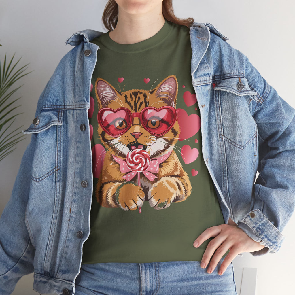 Valentine Cat Tee — Heart Glasses, Lollipop Bow Unisex Cotton Tee