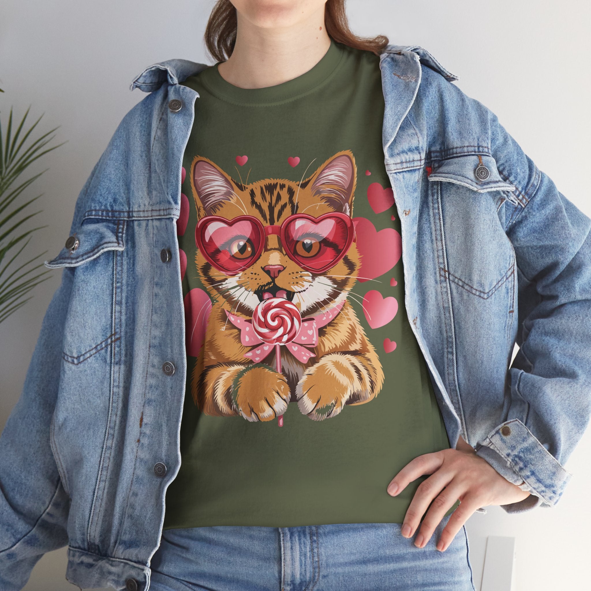 Valentine Cat Tee — Heart Glasses, Lollipop Bow Unisex Cotton Tee