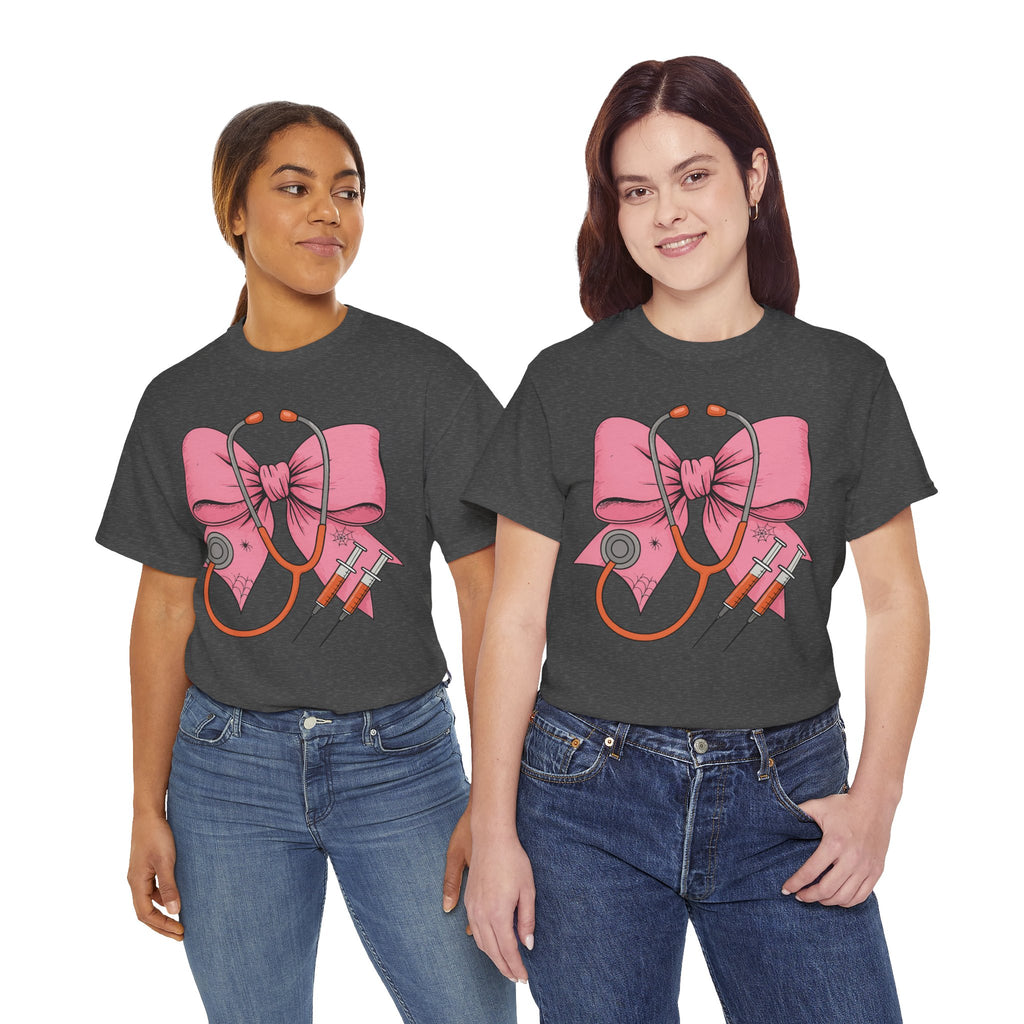 Halloween Nurse T‑Shirt — Pink Nurse Bow with Stethoscope, Syringes & Spider Webs..Unisex Cotton Tee