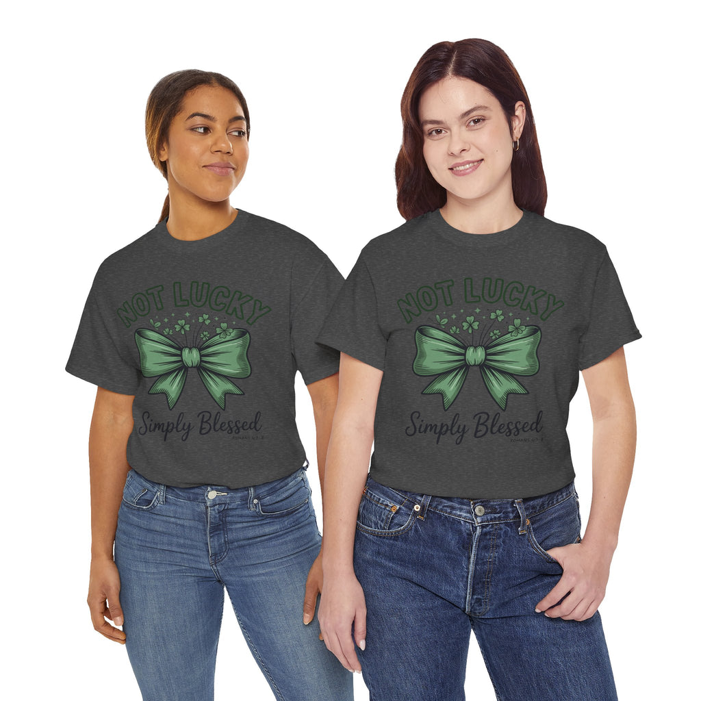 Not Lucky, Simply Blessed T-Shirt — Green Bow & Clovers St. Patrick’s Unisex Cotton Tee