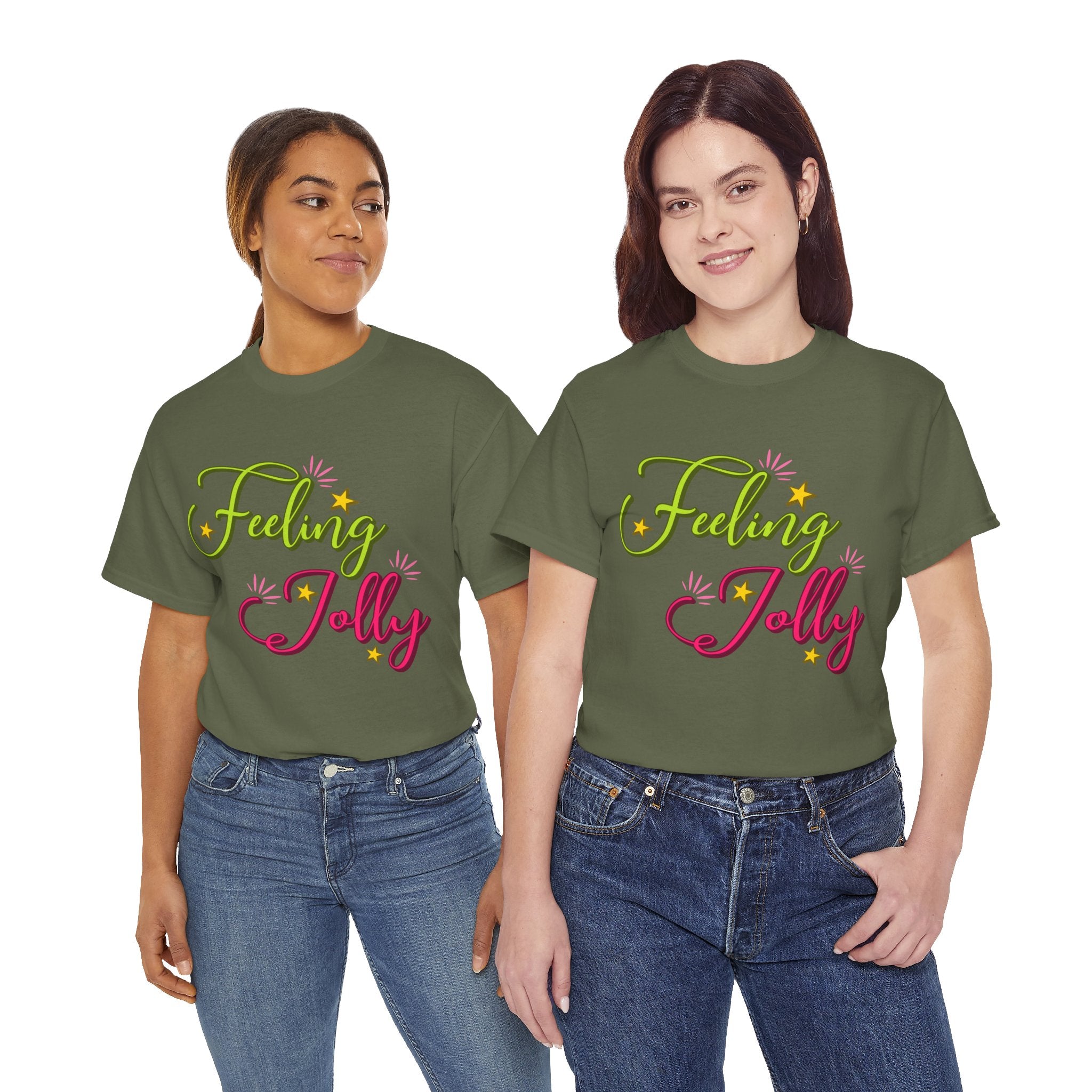 Feeling Jolly Tee — Festive Green & Pink Script with Yellow Stars Unisex Cotton Tee