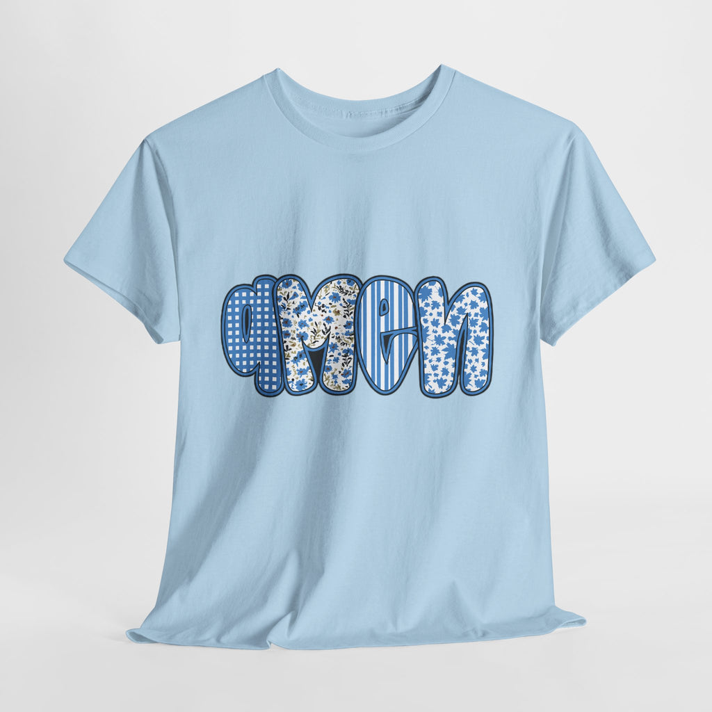 Amen Blue Floral Tee — Decorative Floral Lettering Christian Shirt Unisex Cotton Tee