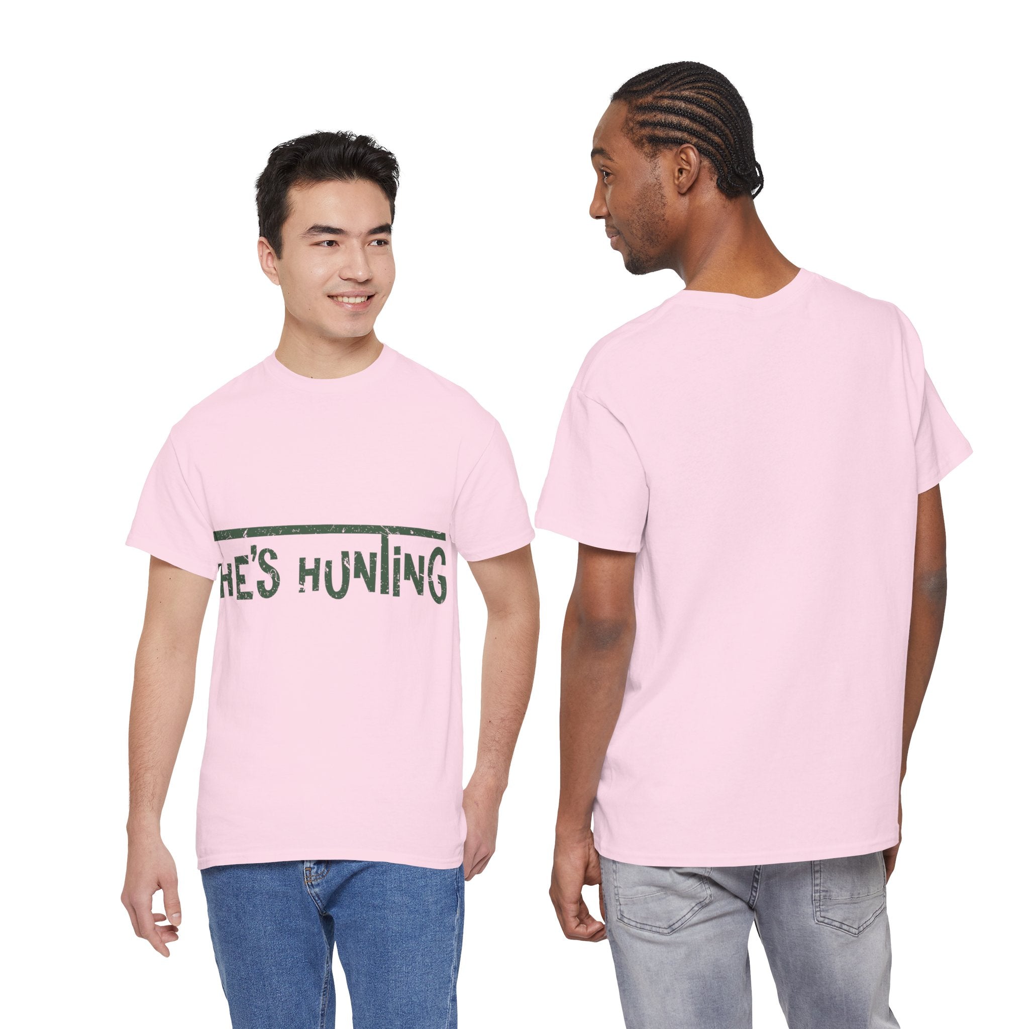 He’s Hunting Distressed Tee — Minimalist Tan Hunting Unisex Cotton Tshirt