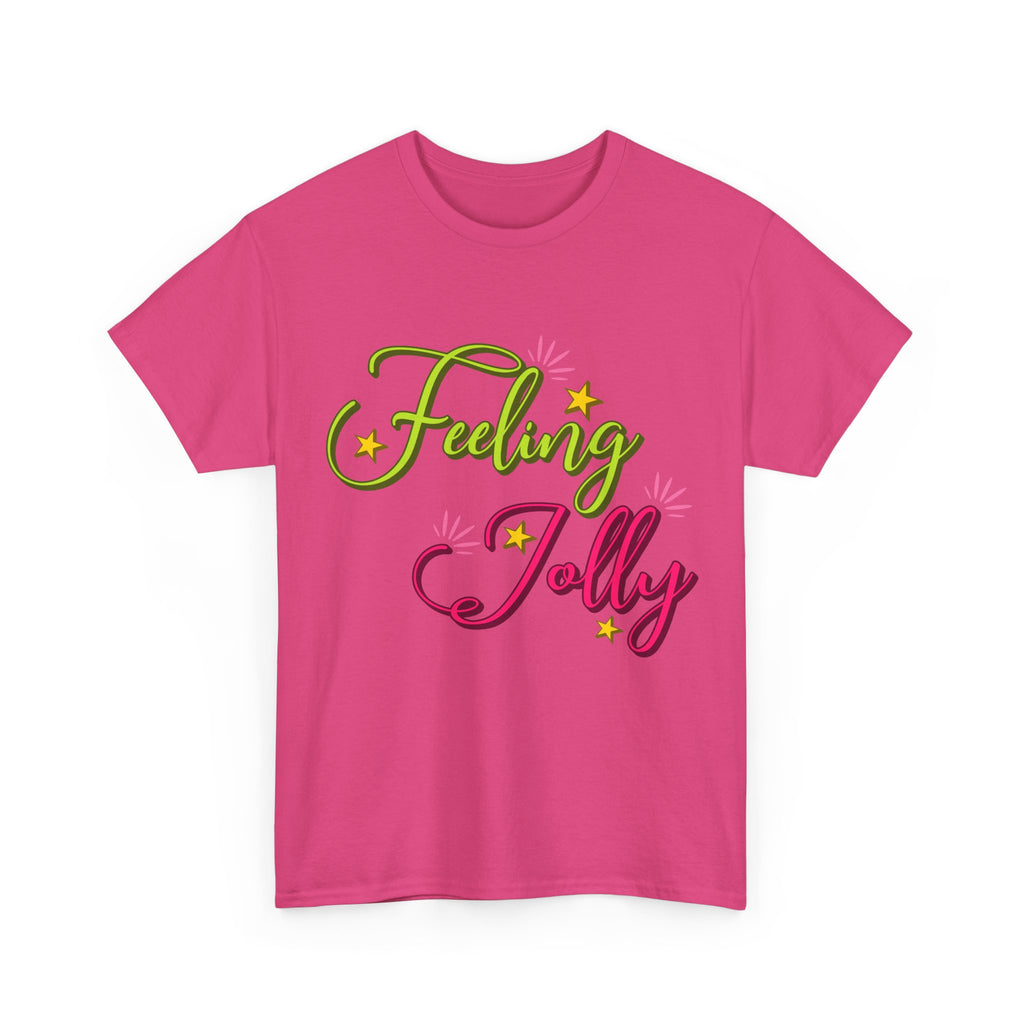 Feeling Jolly Tee — Festive Green & Pink Script with Yellow Stars Unisex Cotton Tee