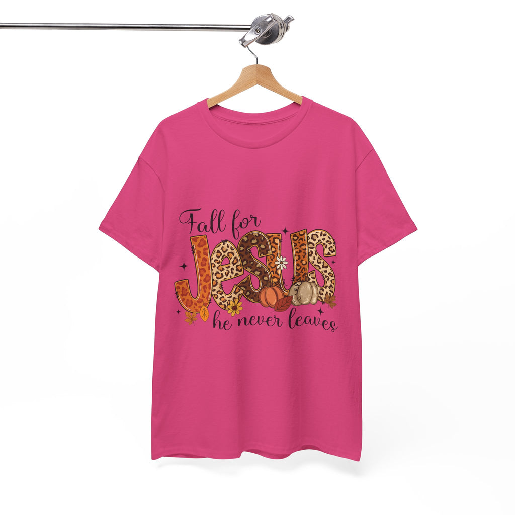 JESUS Leopard Print Fall T-Shirt — Pumpkins, Leaves & Floral Christian Unisex Cotton Tee