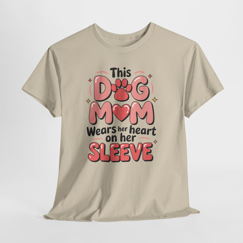 Dog Mom T-Shirt — "This Dog Mom Wears Her Heart on Her Sleeve" Paw & Heart Unisex Cotton Tee