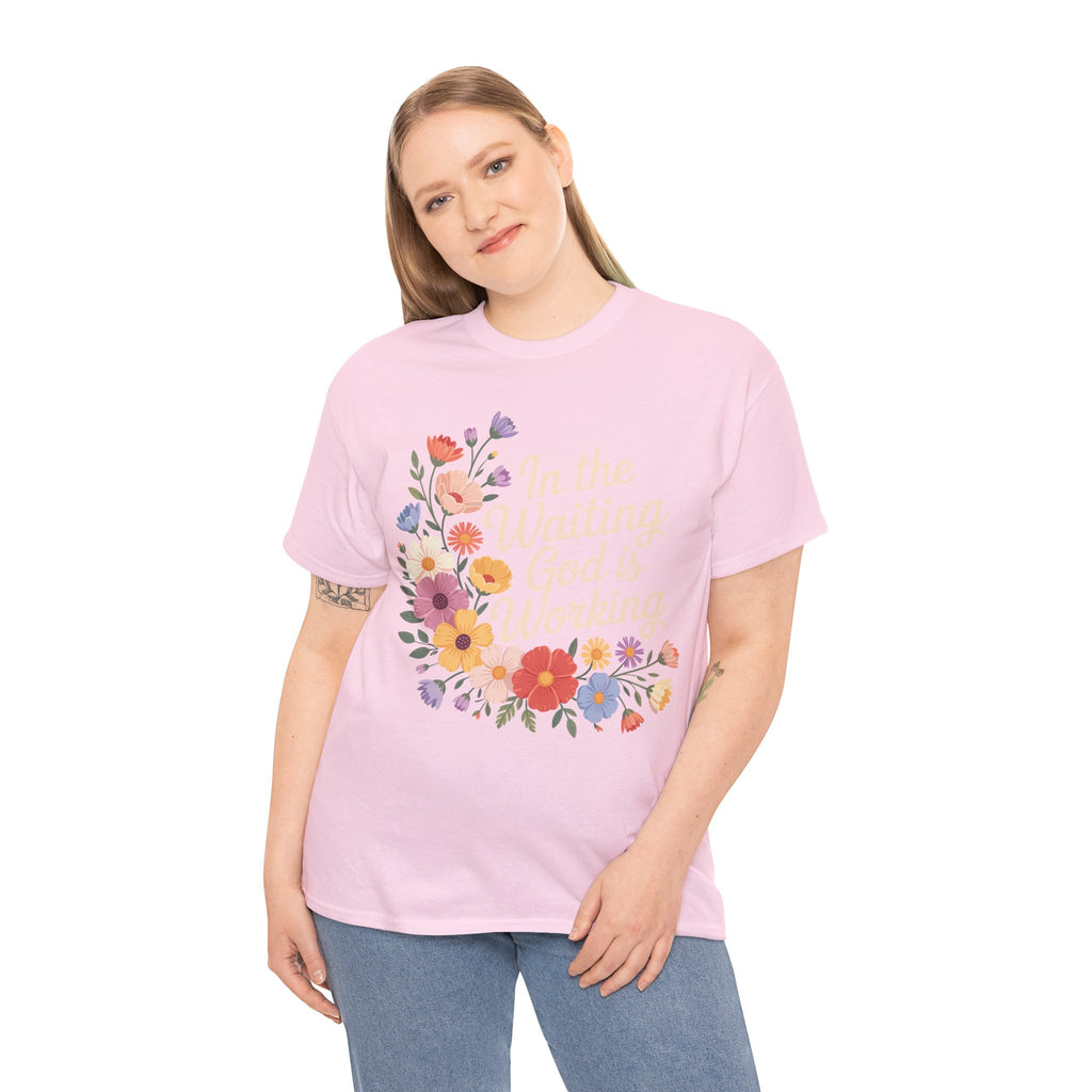 Pastel Floral “In the Waiting God Is Working” Unisex Cotton T-Shirt