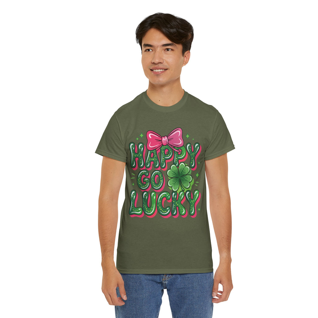 Happy Go Lucky Four-Leaf Clover Tee — Glossy Green Letters & Pink Bow Unisex Cotton Tee