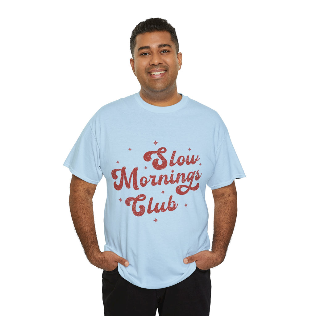 Slow Mornings Club T-Shirt — Retro Red Sparkle Unisex Cotton Tee