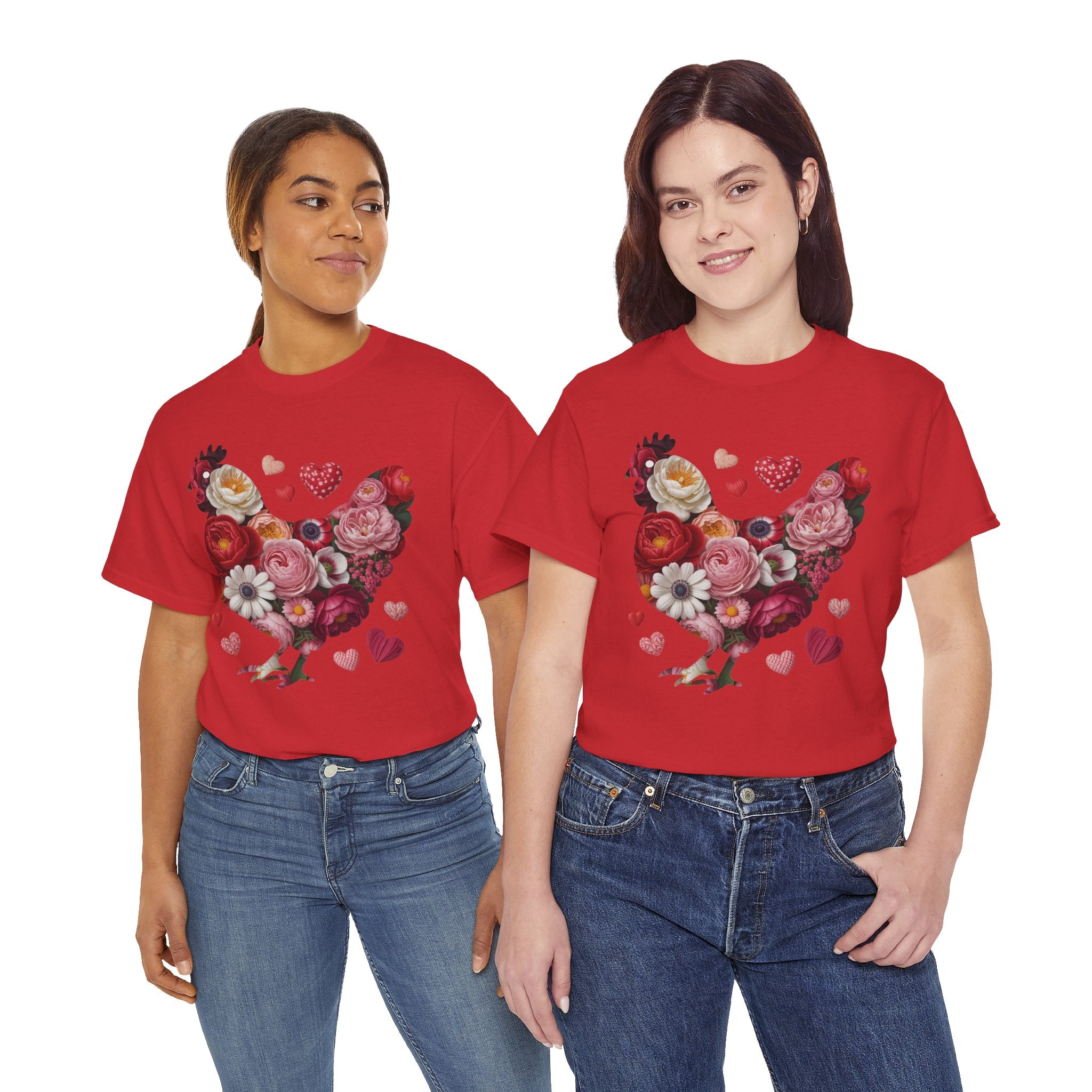 Floral Chicken Heart Tee — Red & Pink Flower Silhouette Unisex Cotton Tee