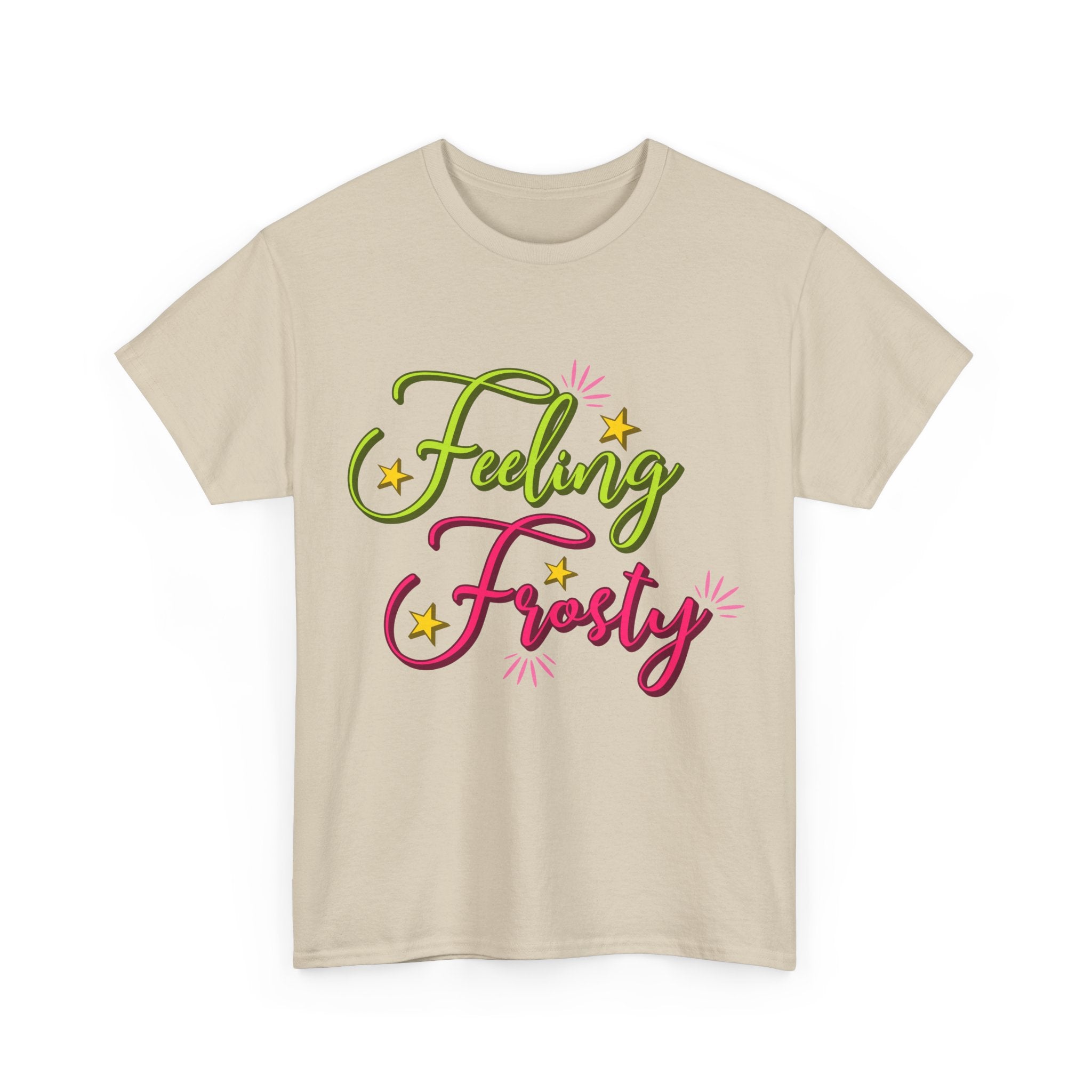Feeling Frosty Holiday T-Shirt — Green & Pink Script Stars.Unisex Cotton Tee