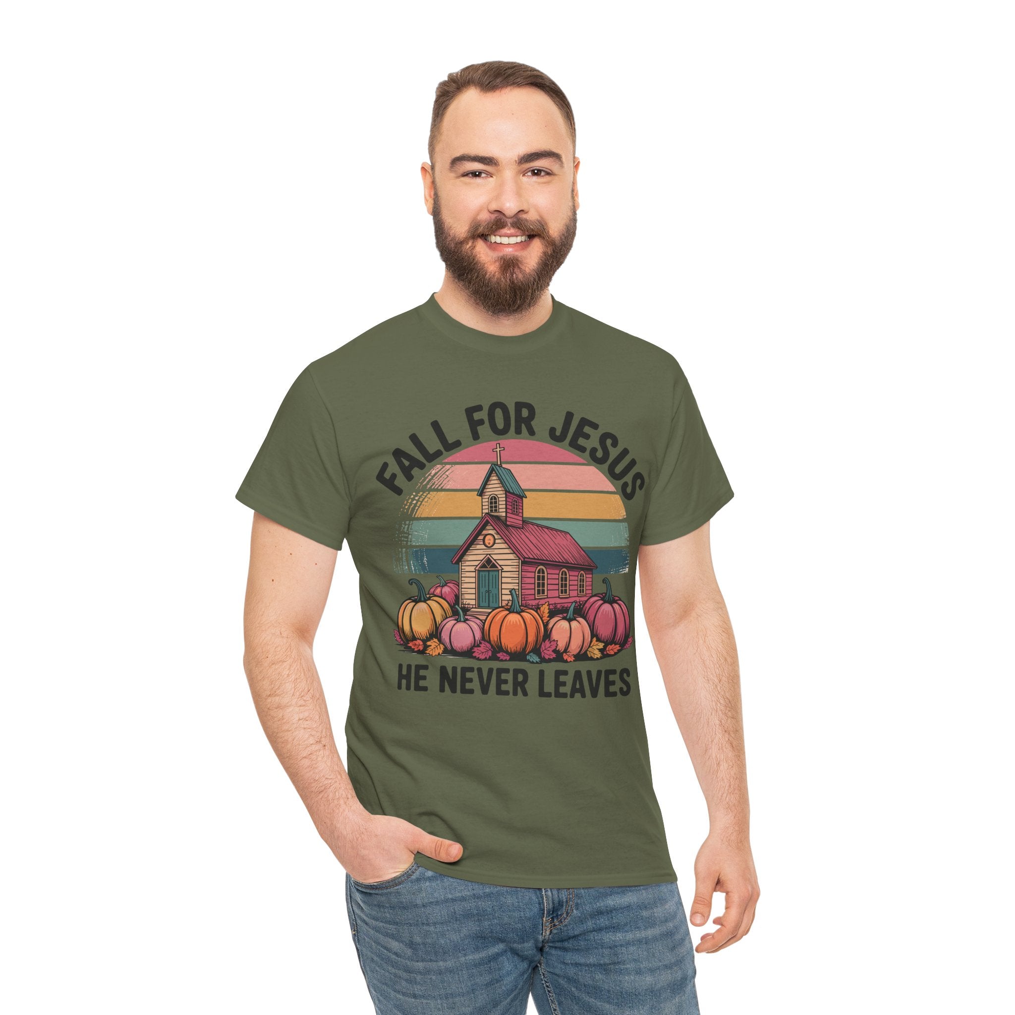 Jesus Leopard Print Fall T-Shirt — Pumpkins, Leaves & Floral Faith Unisex Cotton Tee