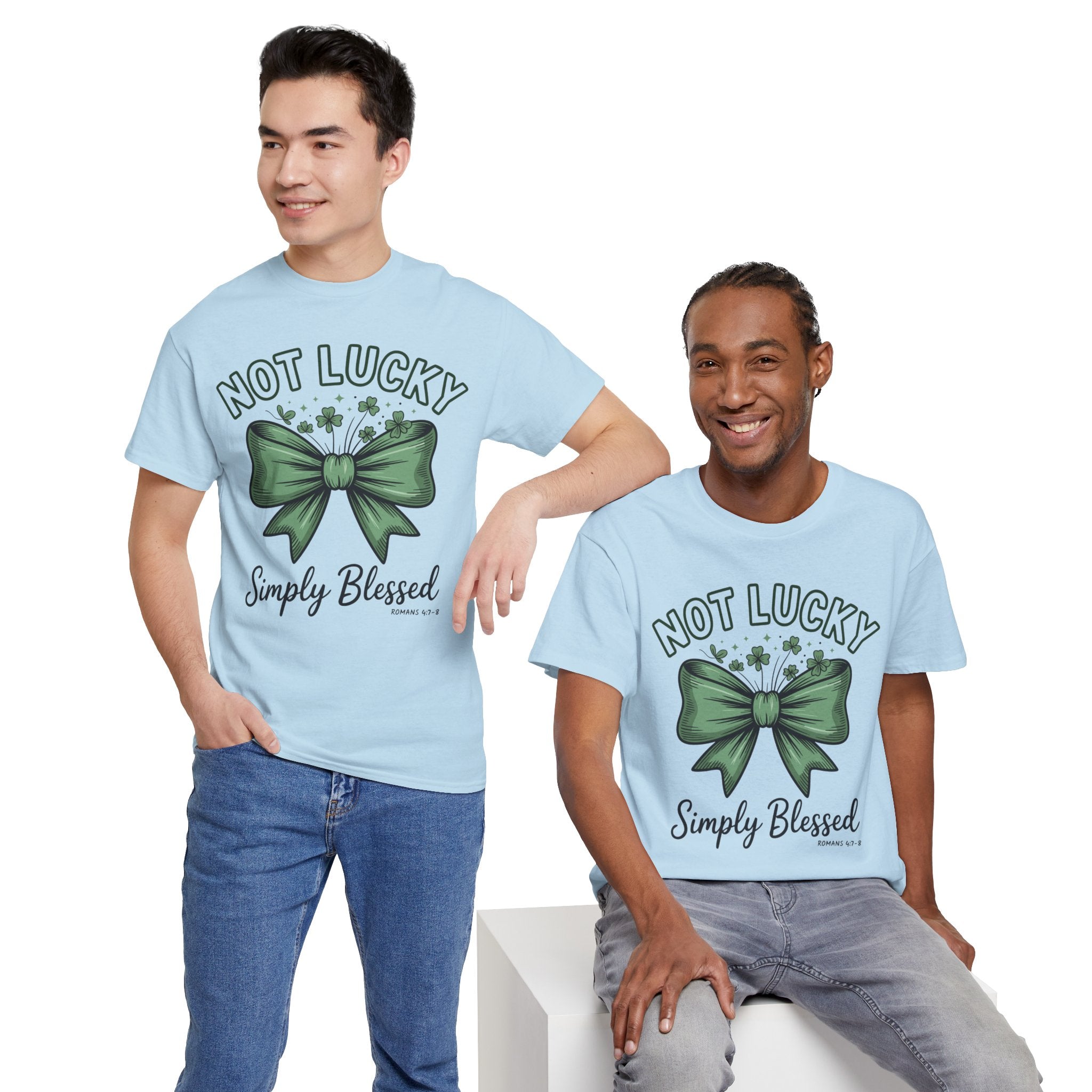 Not Lucky, Simply Blessed T-Shirt — Green Bow & Clovers St. Patrick’s Unisex Cotton Tee