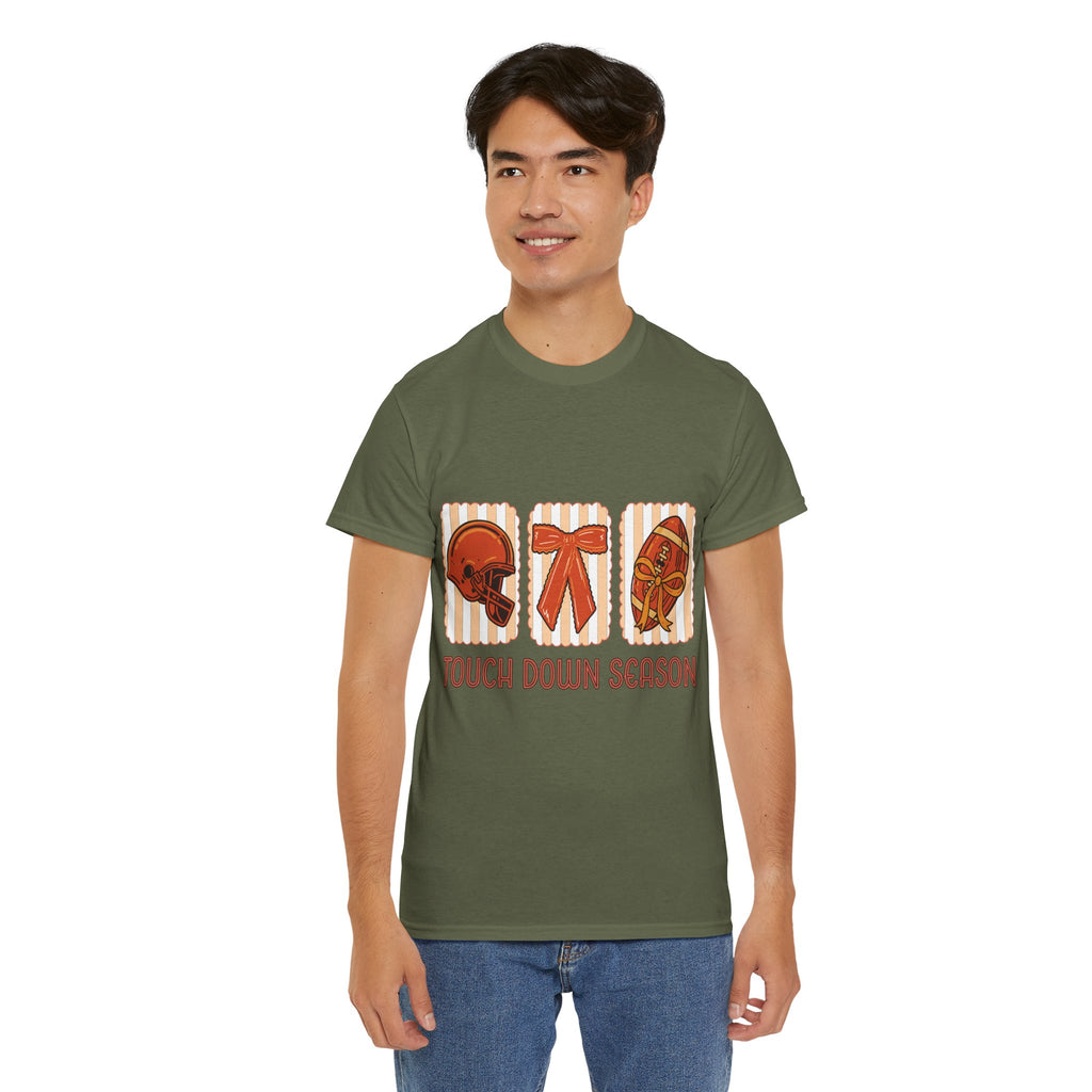 Touch Down Season Football Tee — Striped Fall Helmet & Bow Design Unisex Cotton Tee