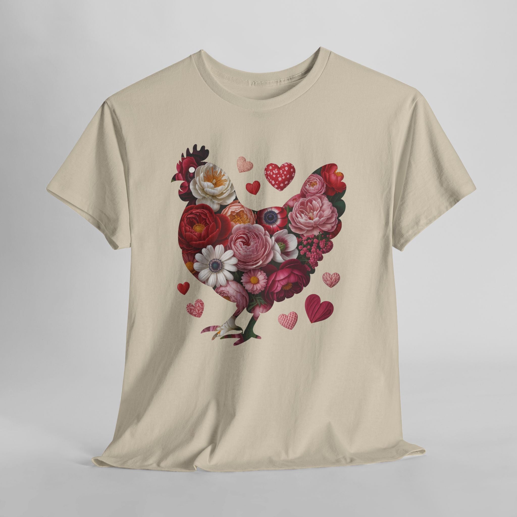 Floral Chicken Heart Tee — Red & Pink Flower Silhouette Unisex Cotton Tee