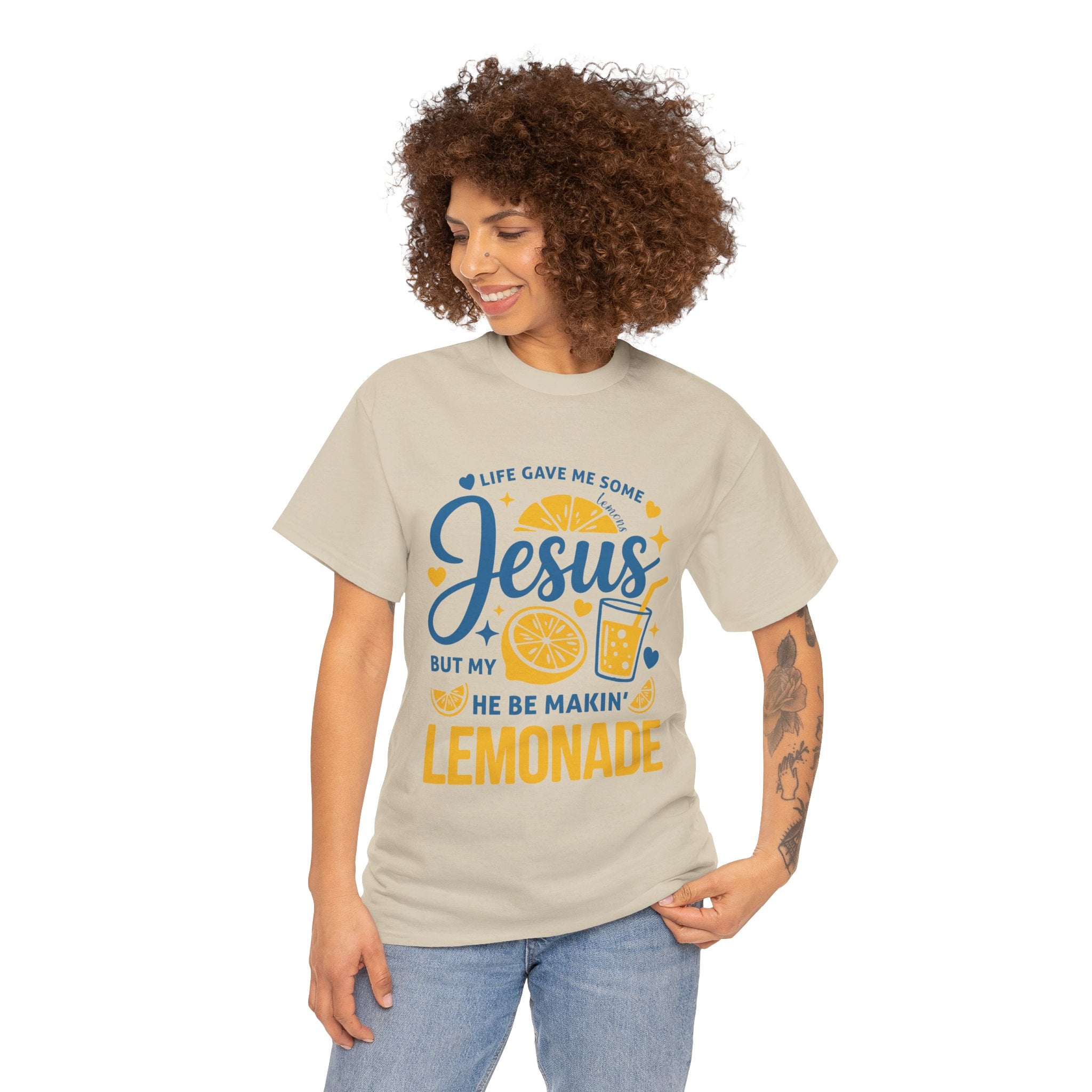 Christian Lemonade T-Shirt — “Life gave me some lemons but my Jesus He be makin’ lemonade”. Unisex Cotton Tee