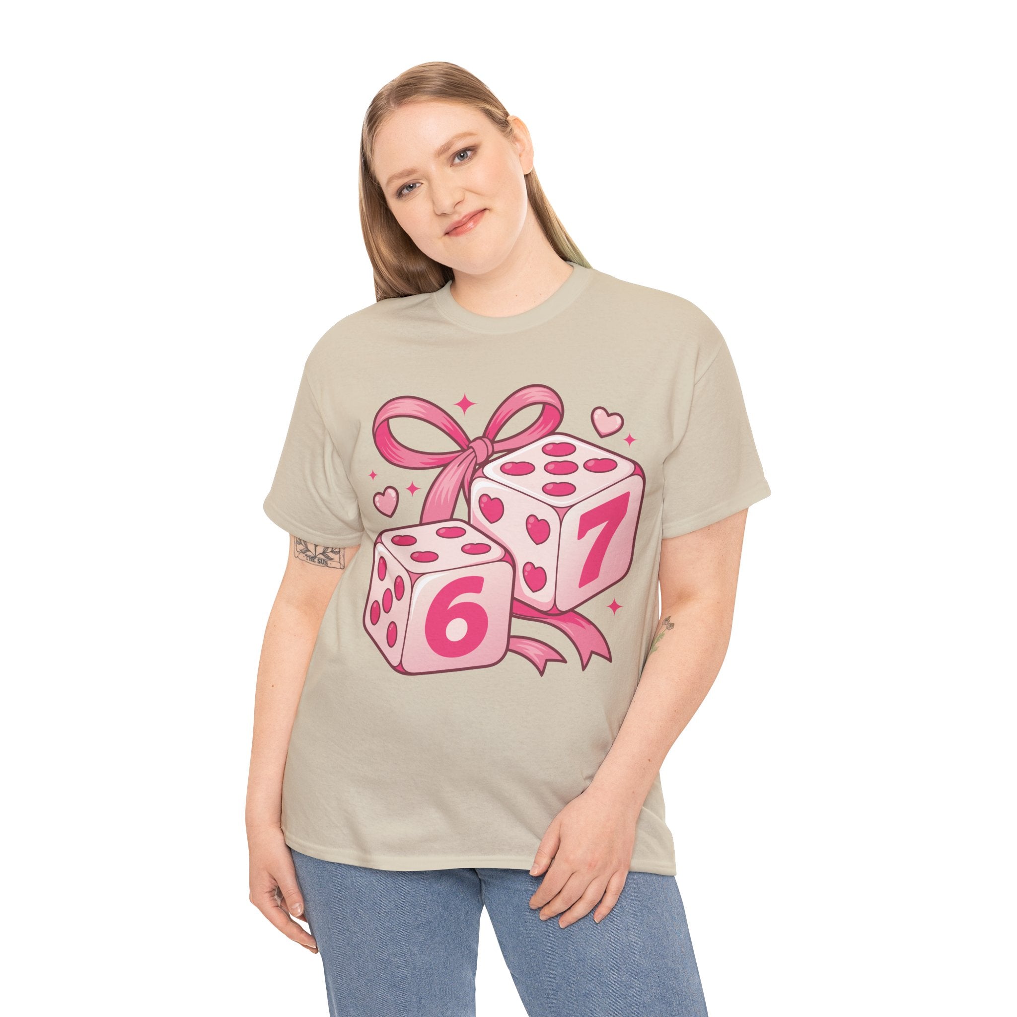 Lucky Love Dice T-Shirt — Pink Heart Dice with Bow..Unisex Cotton Tee
