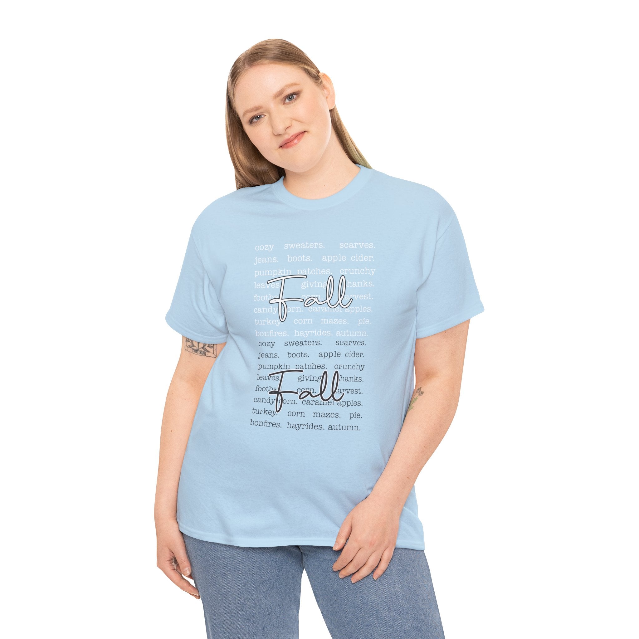 Fall Cursive Typography T-Shirt — Sweaters, Cider & Pumpkins. Unisex Cotton Tee