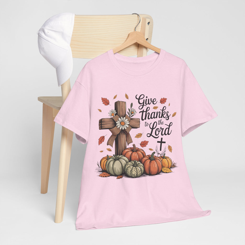 Give Thanks to the Lord Autumn Tee — Wooden Cross, Pumpkins & Daisies..Unisex Cotton Tee