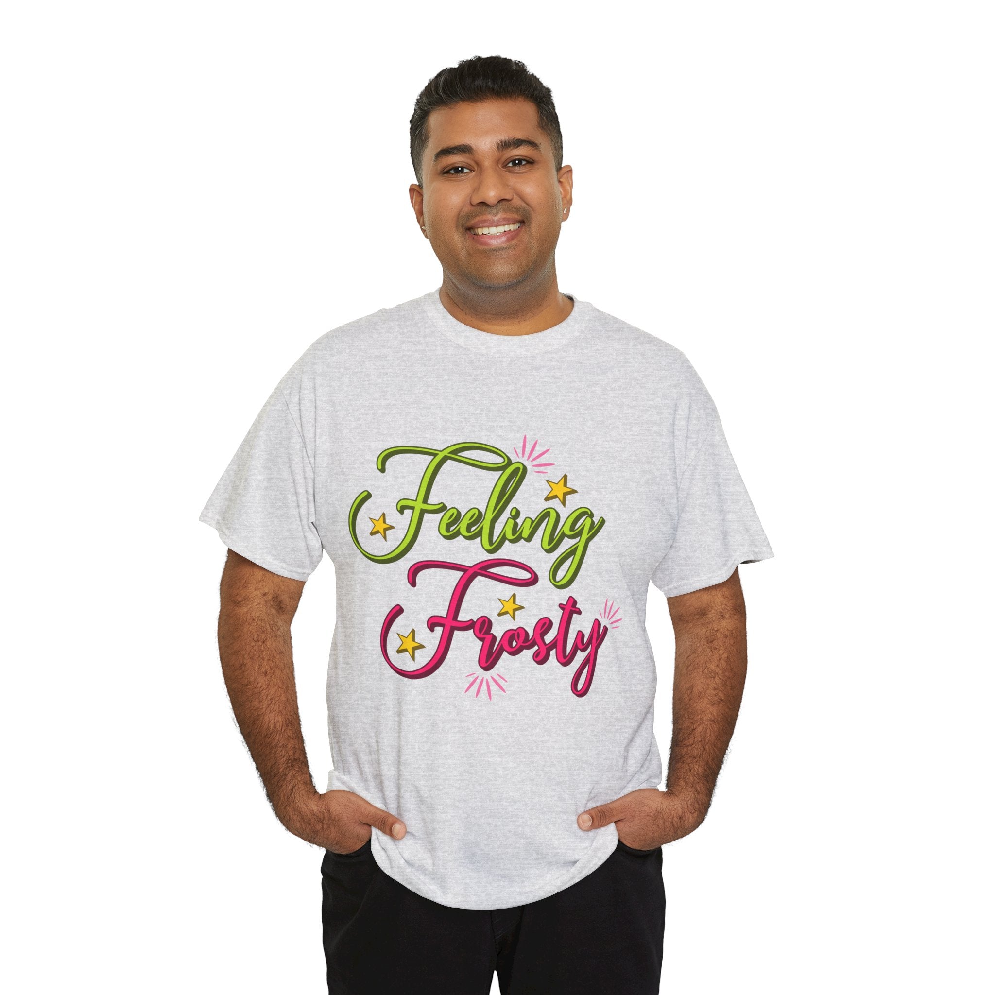 Feeling Frosty Holiday T-Shirt — Green & Pink Script Stars.Unisex Cotton Tee
