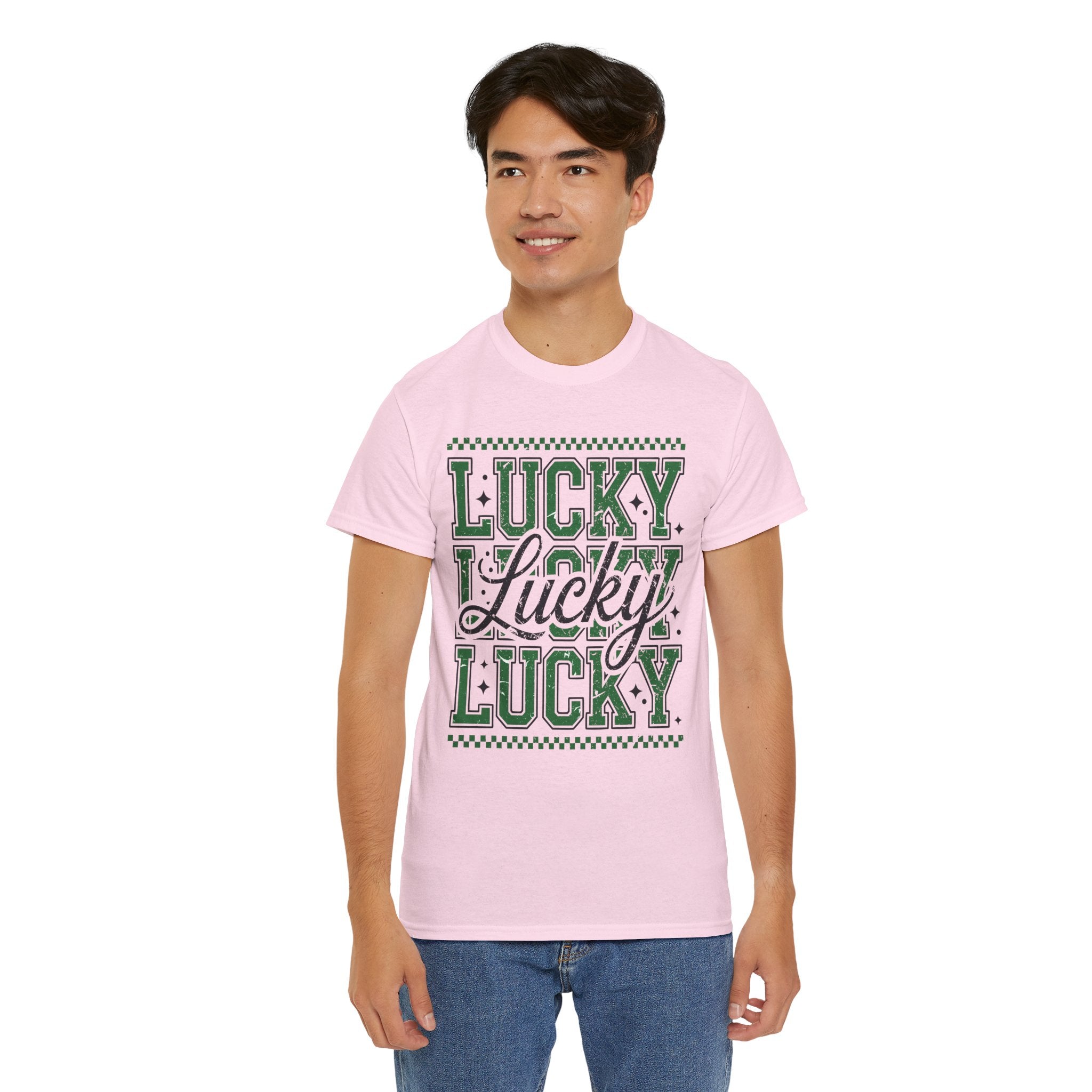 Lucky Varsity Tee — Layered Green ‘Lucky’ Graphic Unisex Cotton Tee
