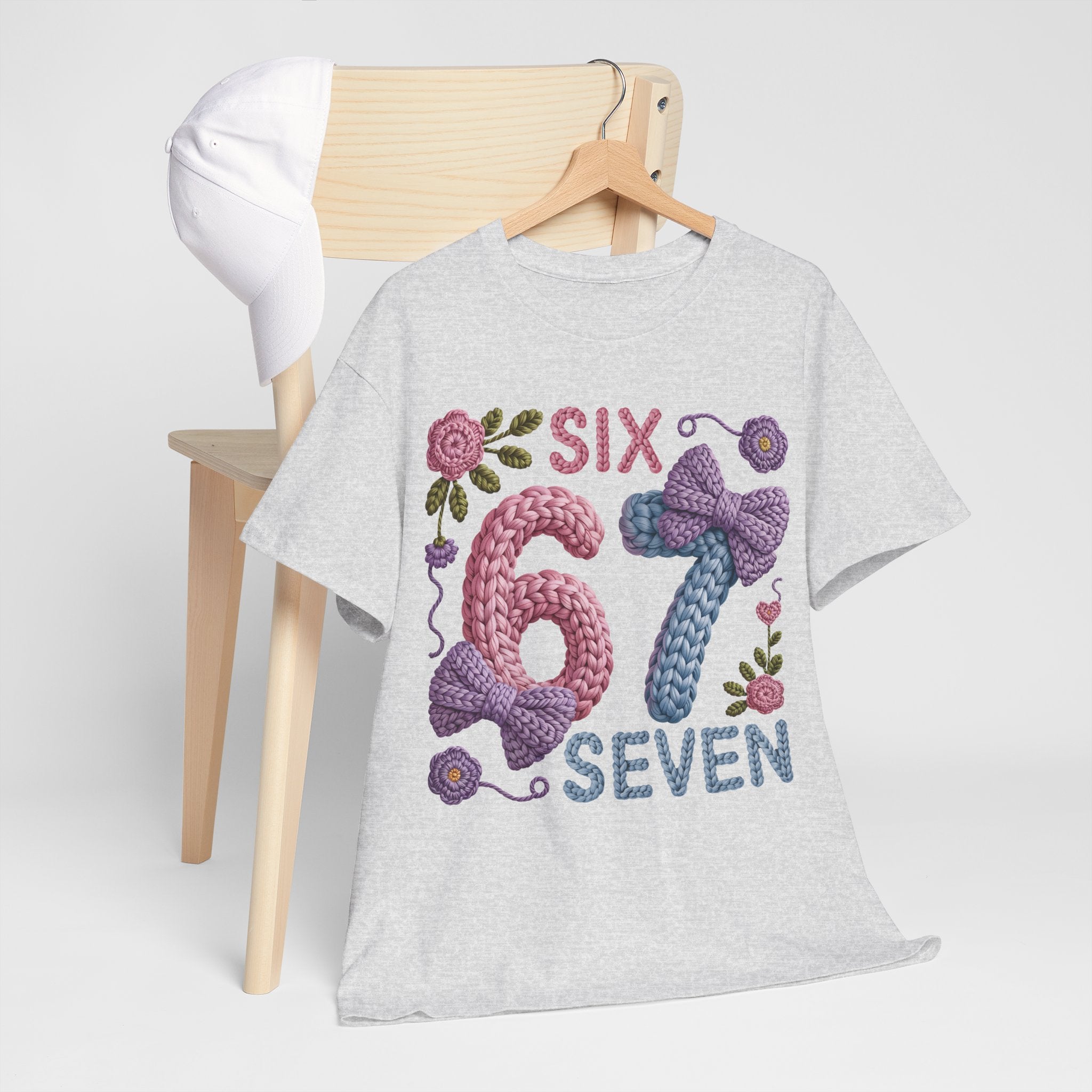 Pastel Crochet Numbers 6 & 7 Tee — Faux-Yarn Bows & Flowers. Unisex Cotton Tee