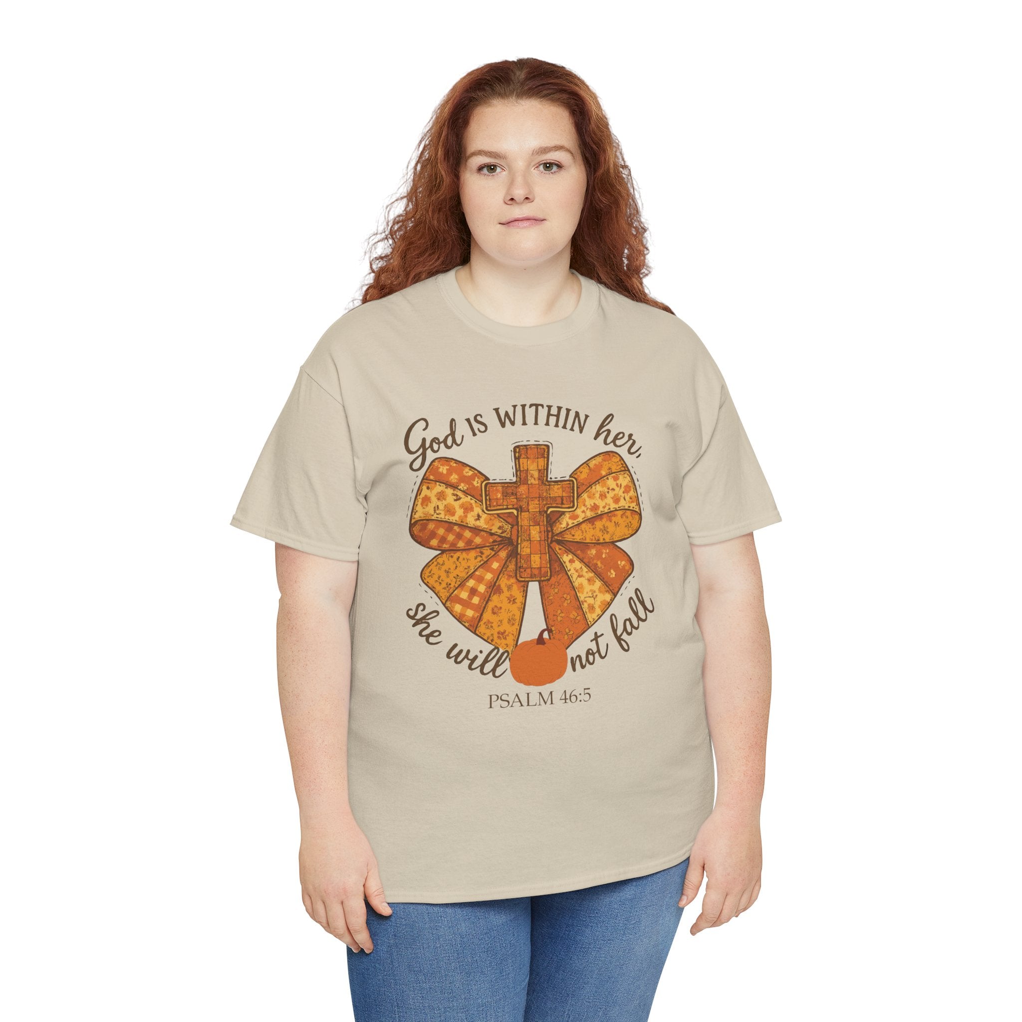 Psalm 46:5 Cross Patchwork Tee — Fall Bow Christian Unisex Cotton T-Shirt