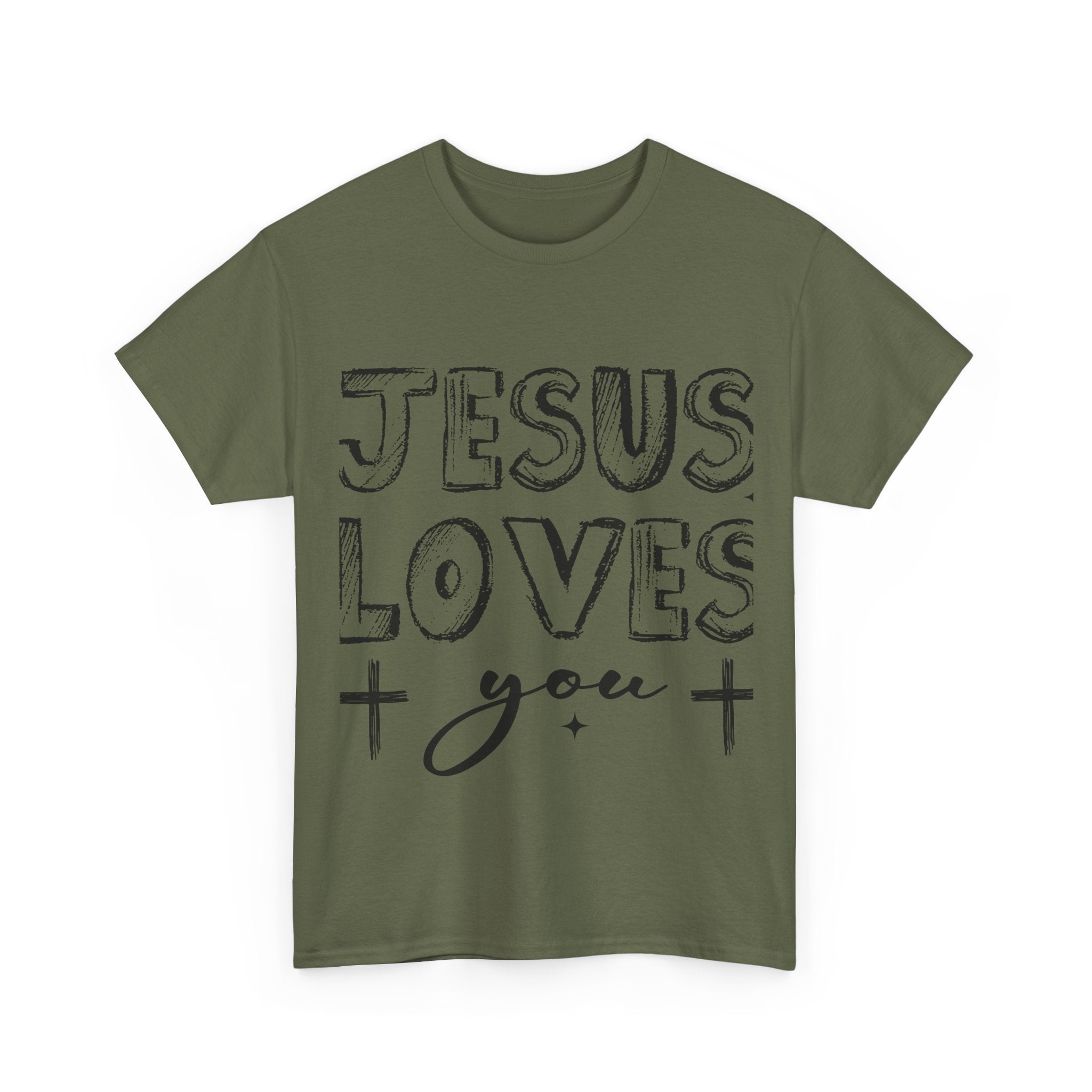 Jesus Loves You Chalk-Style Tee — Crosses & Stars Christian UNisex Cotton T-Shirt