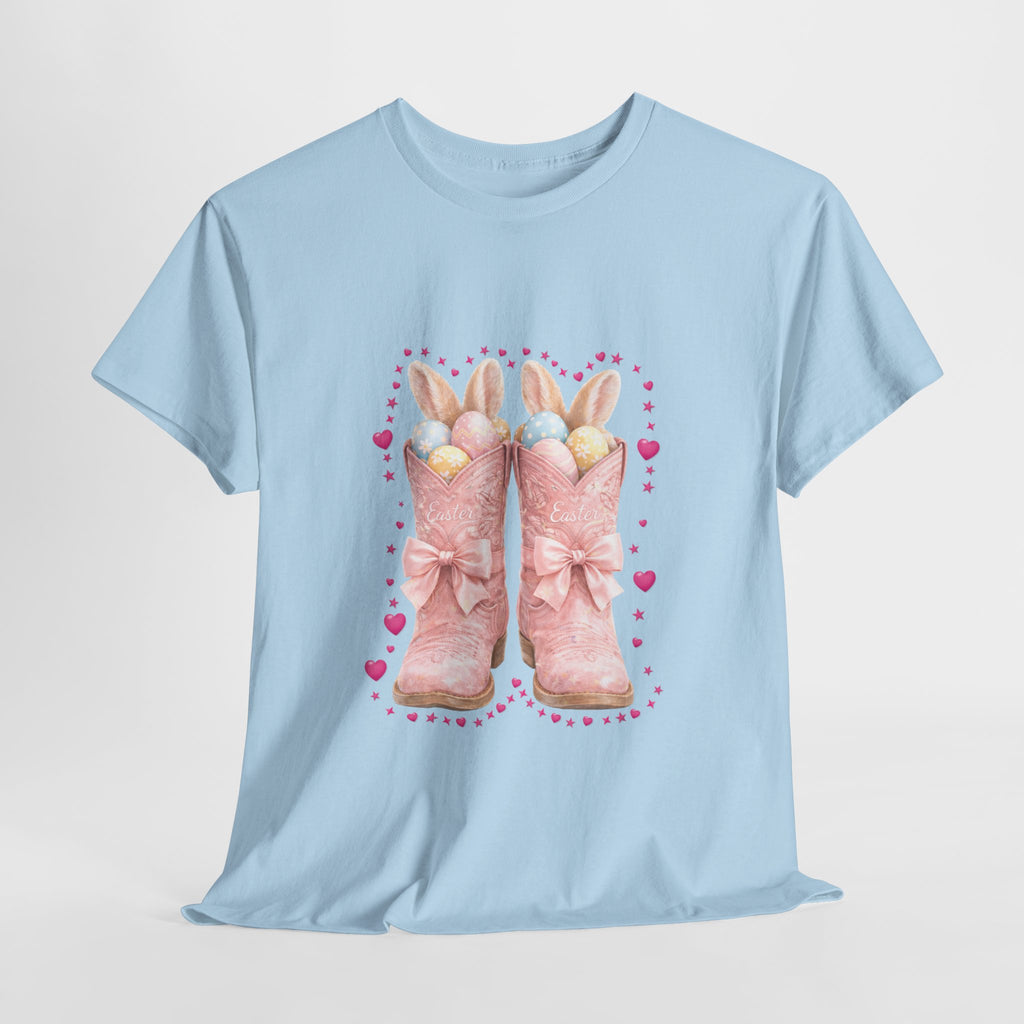 Easter Pink Western Boots Tee — Pastel Bunny Eggs & Bows Unisex Cotton Tee