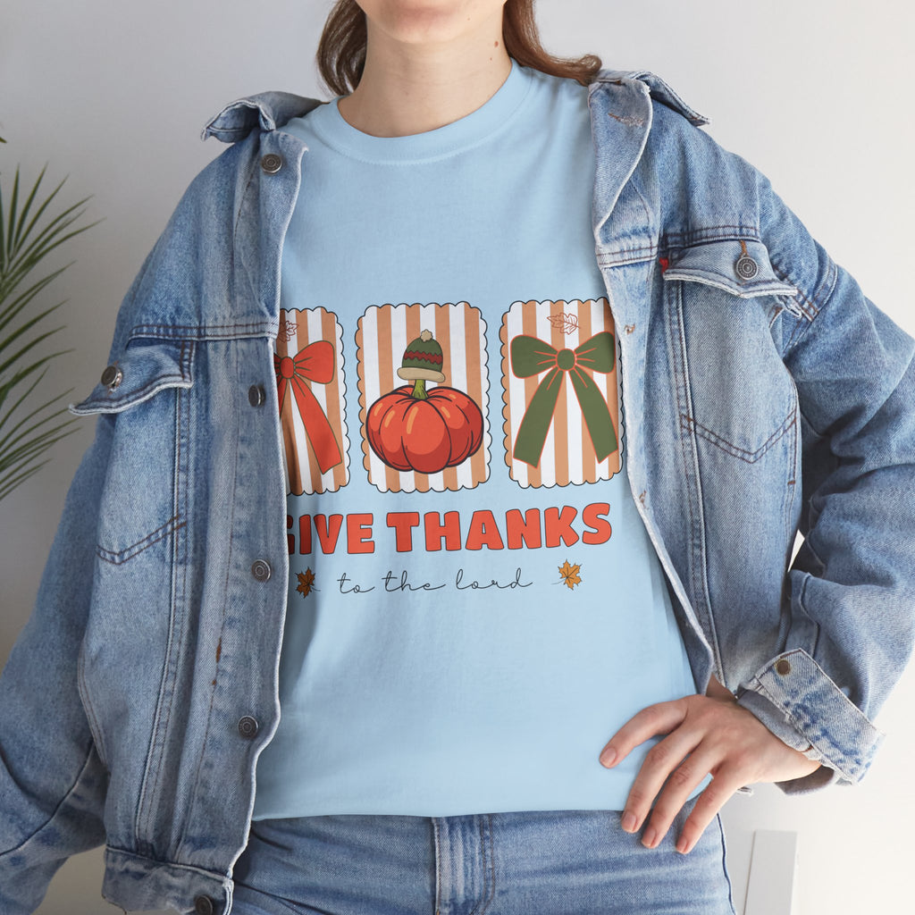 Give Thanks Thanksgiving T-Shirt — Pumpkin with Hat & Bows Unisex Cotton Tee