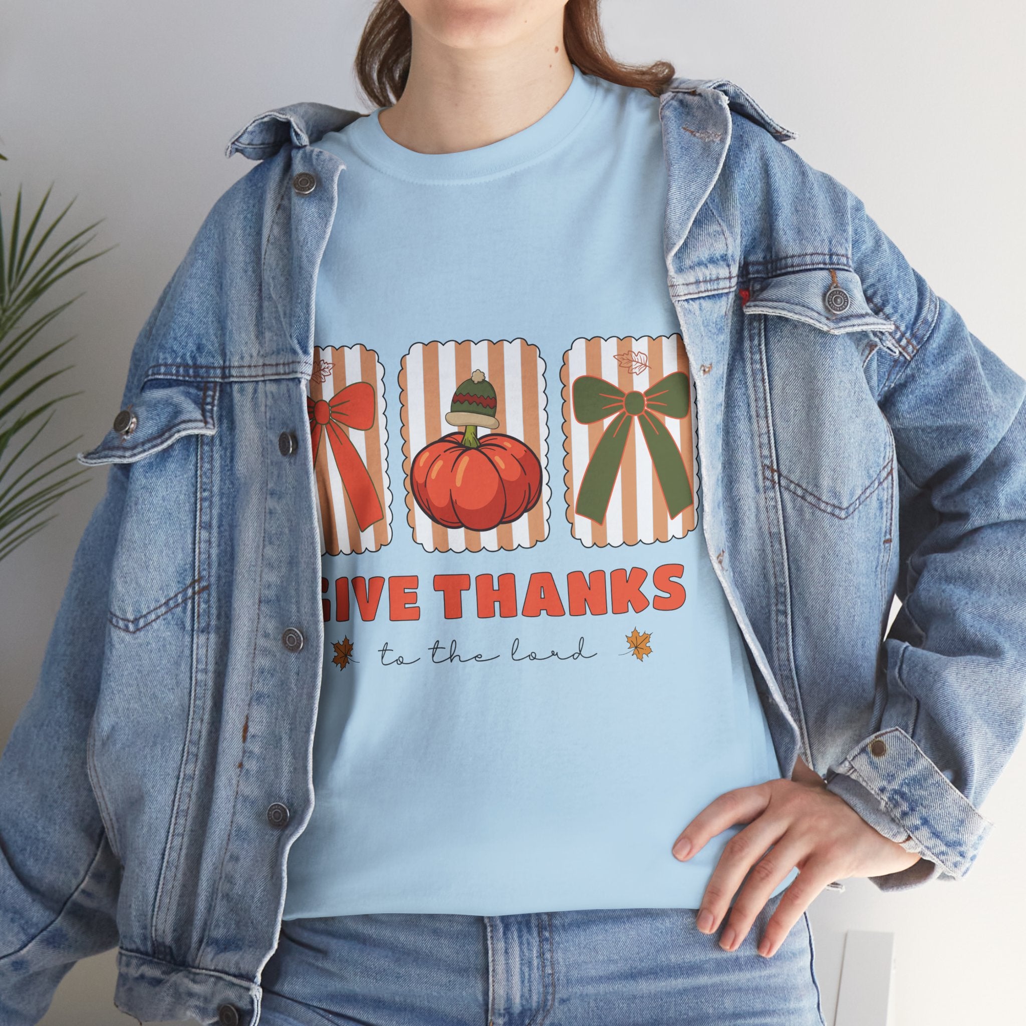 Give Thanks Thanksgiving T-Shirt — Pumpkin with Hat & Bows Unisex Cotton Tee