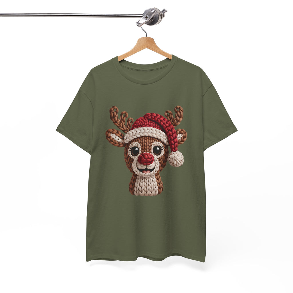 Reindeer in Santa Hat Cotton Tee — Joyful Faux-Yarn Holiday Unisex Coton T-Shirt