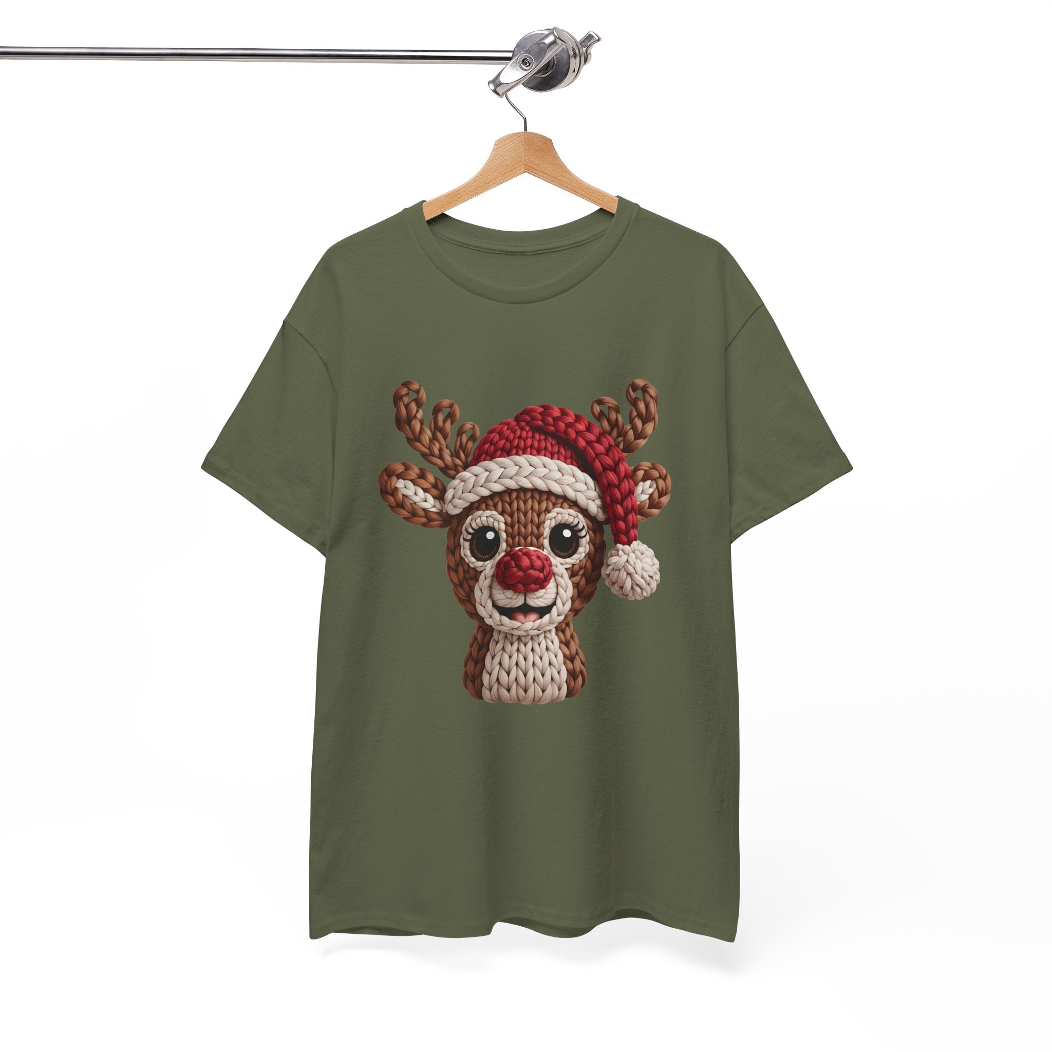 Reindeer in Santa Hat Cotton Tee — Joyful Faux-Yarn Holiday Unisex Coton T-Shirt