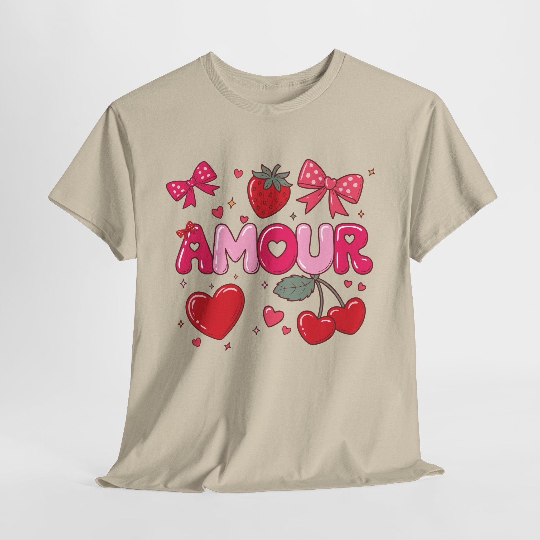 Amour Pink Hearts Tee — Shiny Lettering with Bows, Cherries & Strawberry Accent...Unisex Cotton Tee