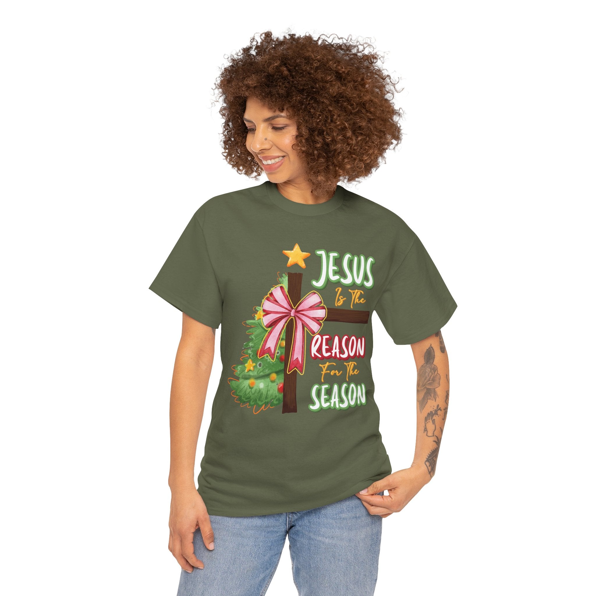 Jesus Is the Reason for the Season Christmas Tee — Cross with Pink Bow & Tree. Unisex Cotton Tee
