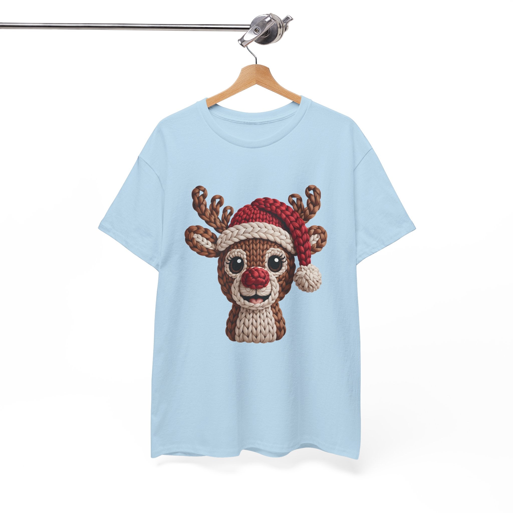 Reindeer in Santa Hat Cotton Tee — Joyful Faux-Yarn Holiday Unisex Coton T-Shirt