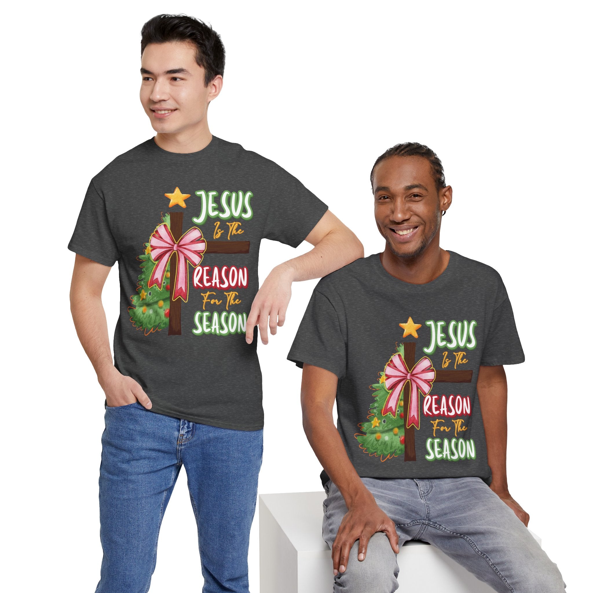 Jesus Is the Reason for the Season Christmas Tee — Cross with Pink Bow & Tree. Unisex Cotton Tee